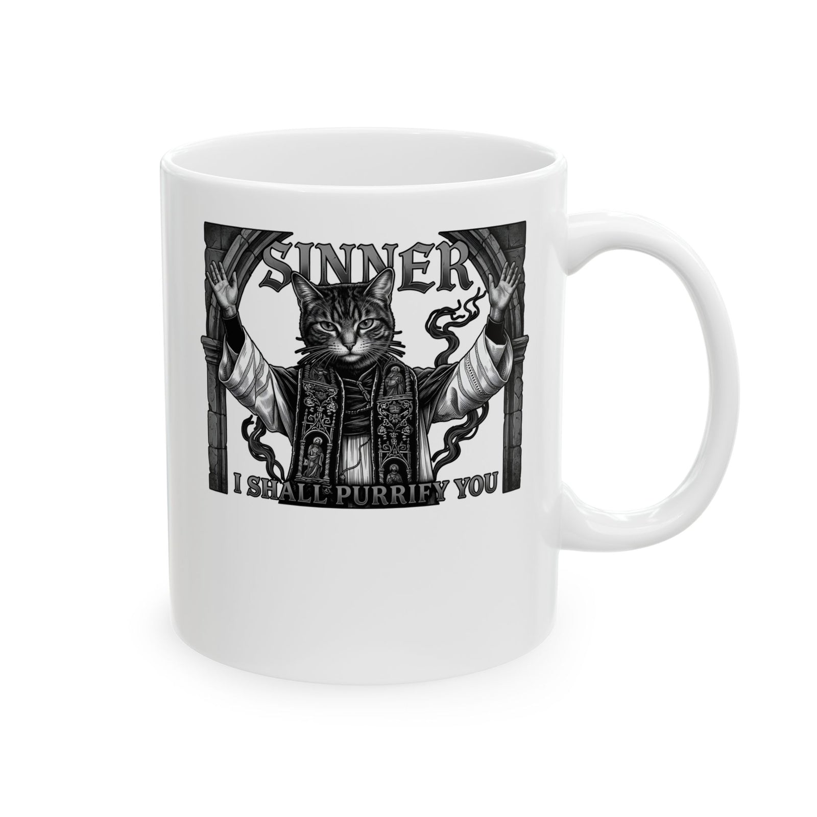 Sinner Shall I Purrify You Cat Mug — 'Purriest' Funny Gothic Cat Mug