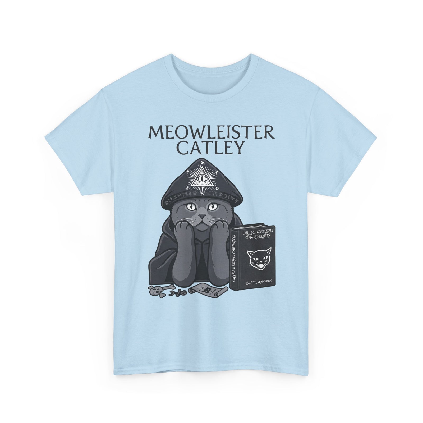 Meowleister Catley T-Shirt — Witchy Cat with Spellbook Graphic