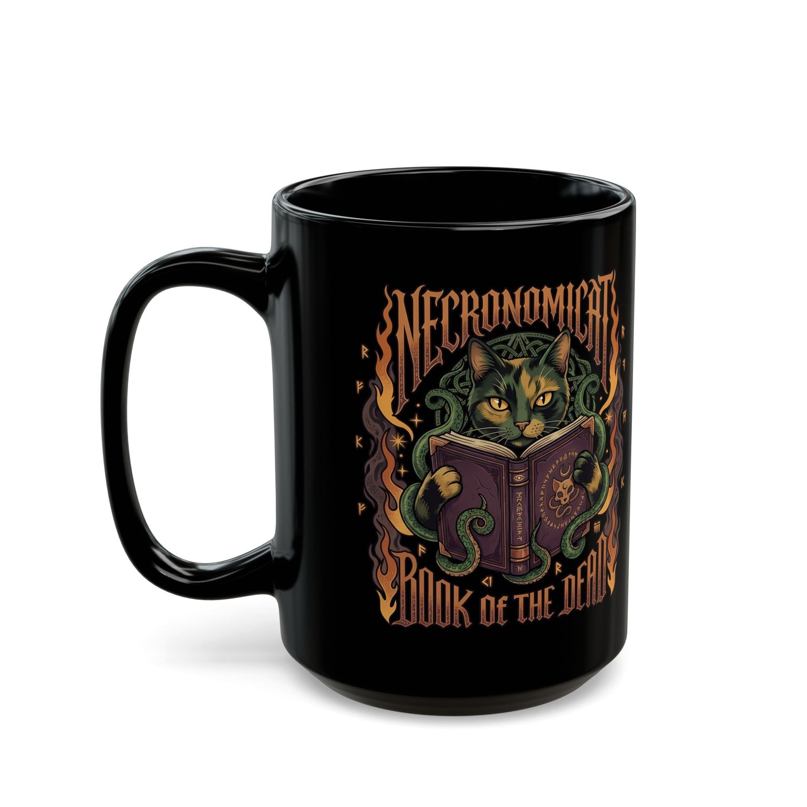 Necronomicat Occult Cat Black Mug — Dark Mystic Graphic Mug