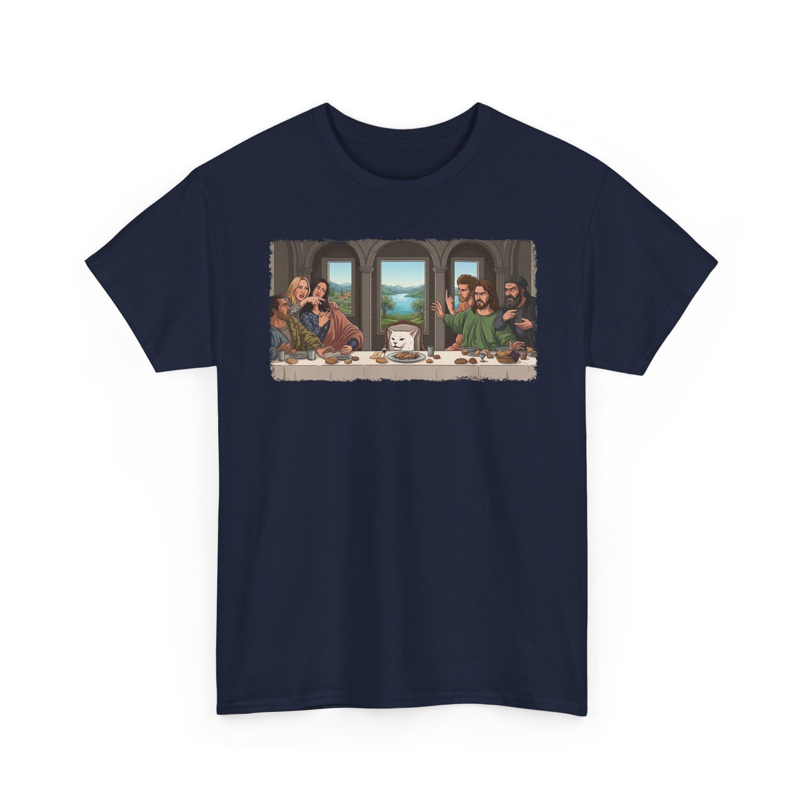 Last Supper x Woman Yelling at Cat Tee — Funny Religious Art Mashup T-Shirt