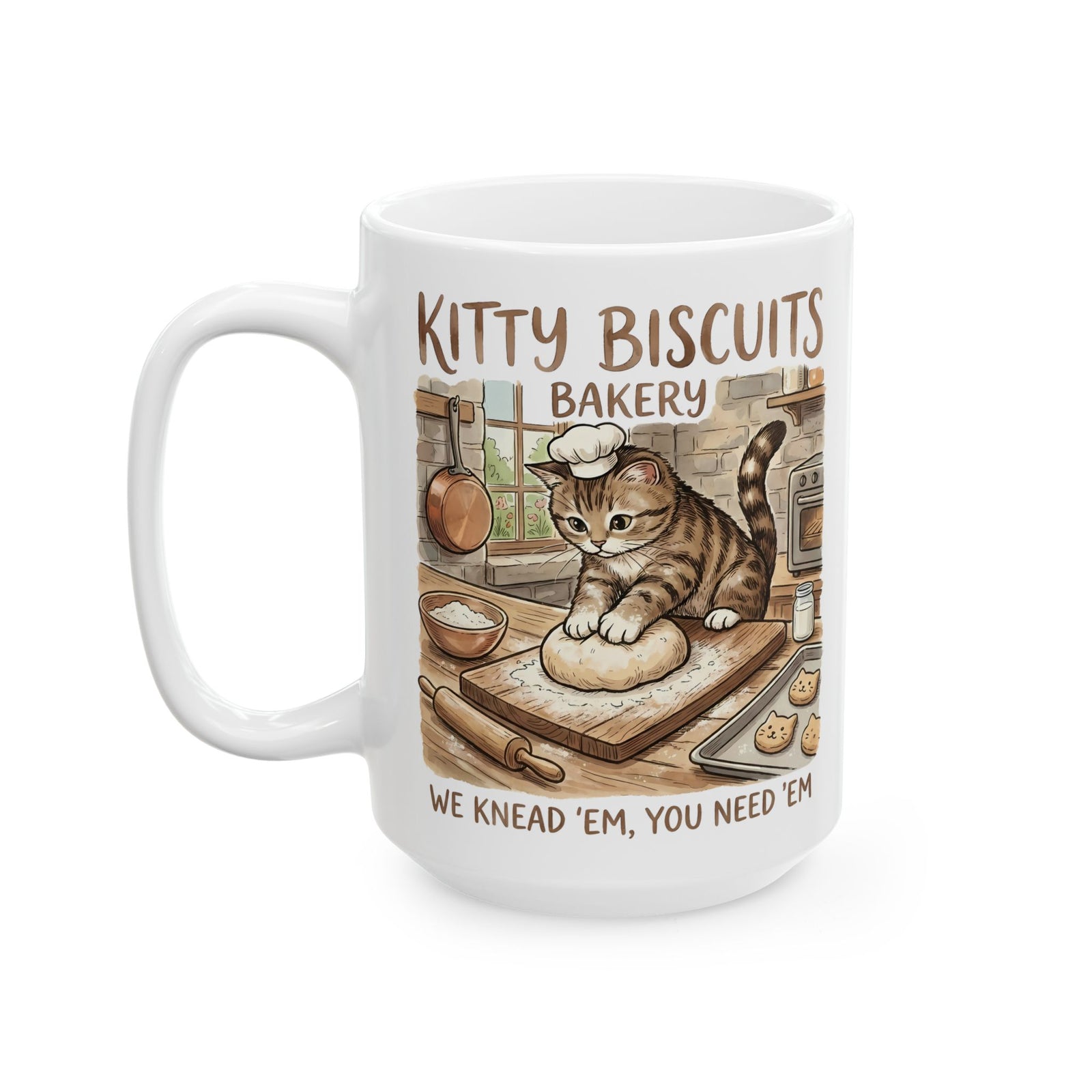 Kitty Biscuits Bakery Ceramic Mug — "We Knead 'Em We Need 'Em" Cat Bakery Mug