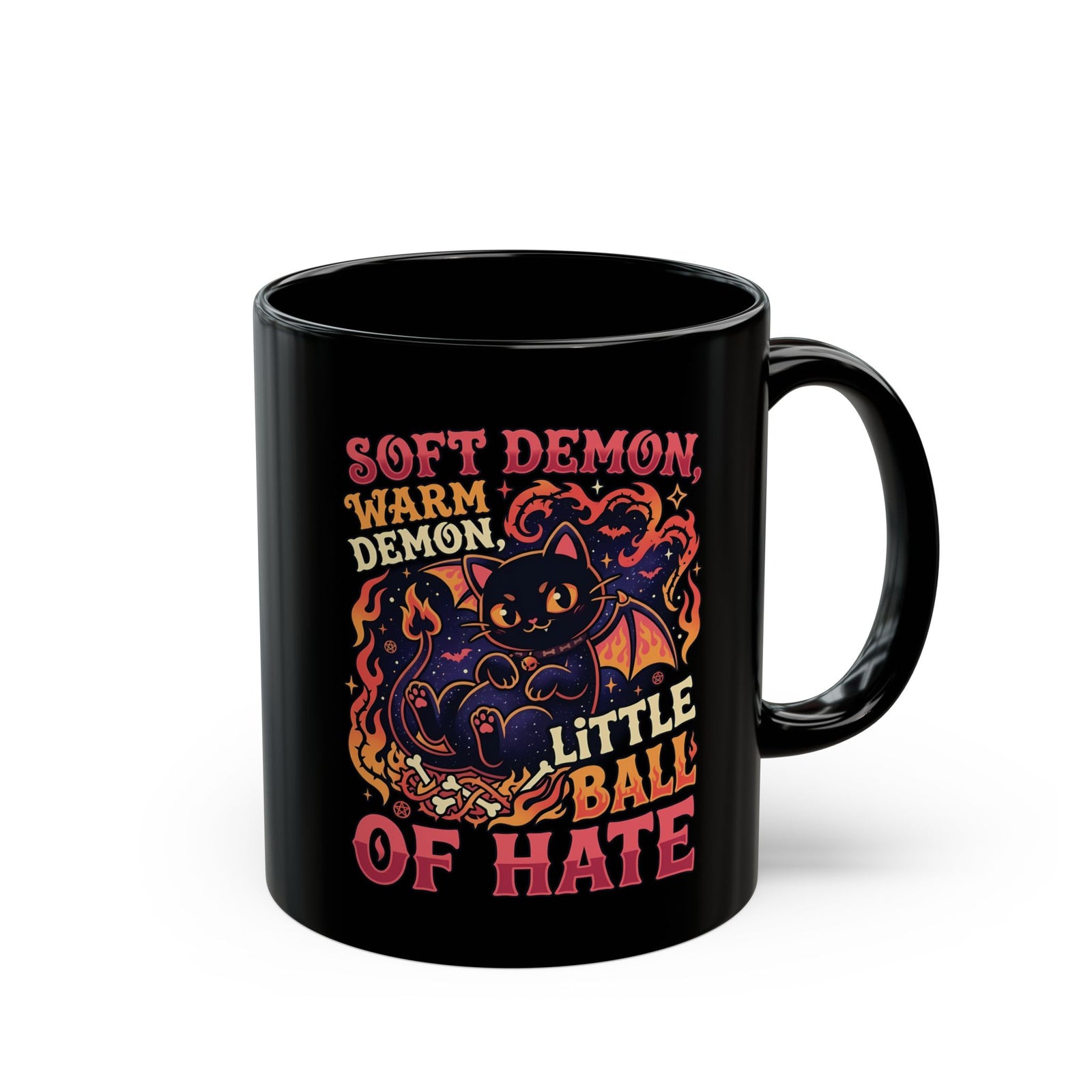 Soft Demon Cat Black Mug — "Little Ball of Hate" Cute Demon Kitty Mug