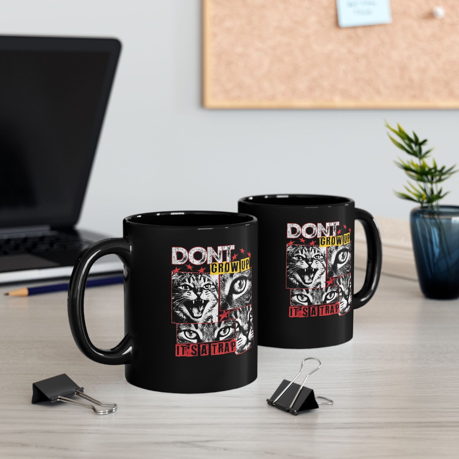 Don't Grow Up It's A Trap Black Mug — Funny Grunge Black and White Cat Mug