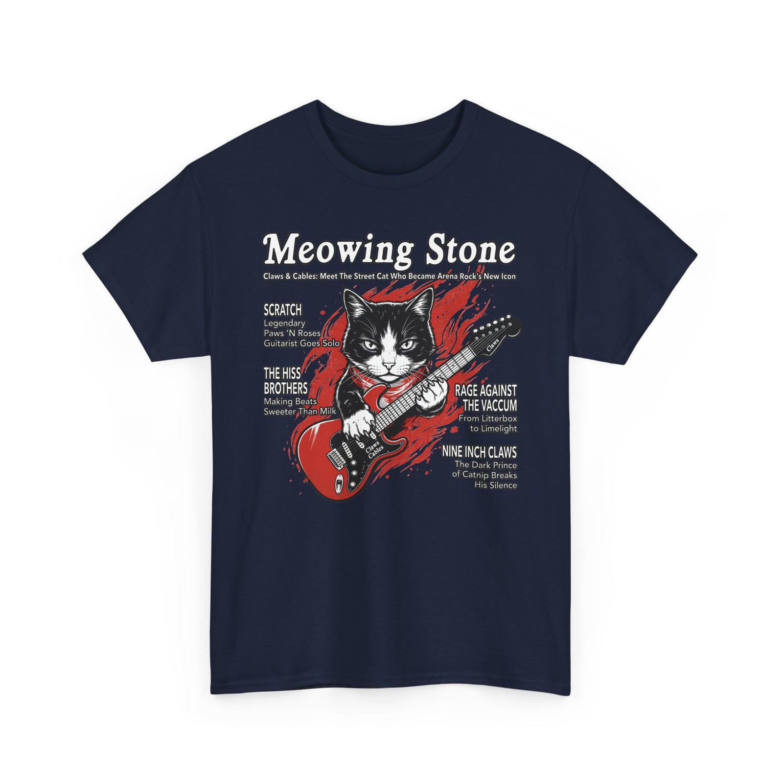 Meowing Stone Guitar Cat T-Shirt — Rock Band Cat Graphic Tee