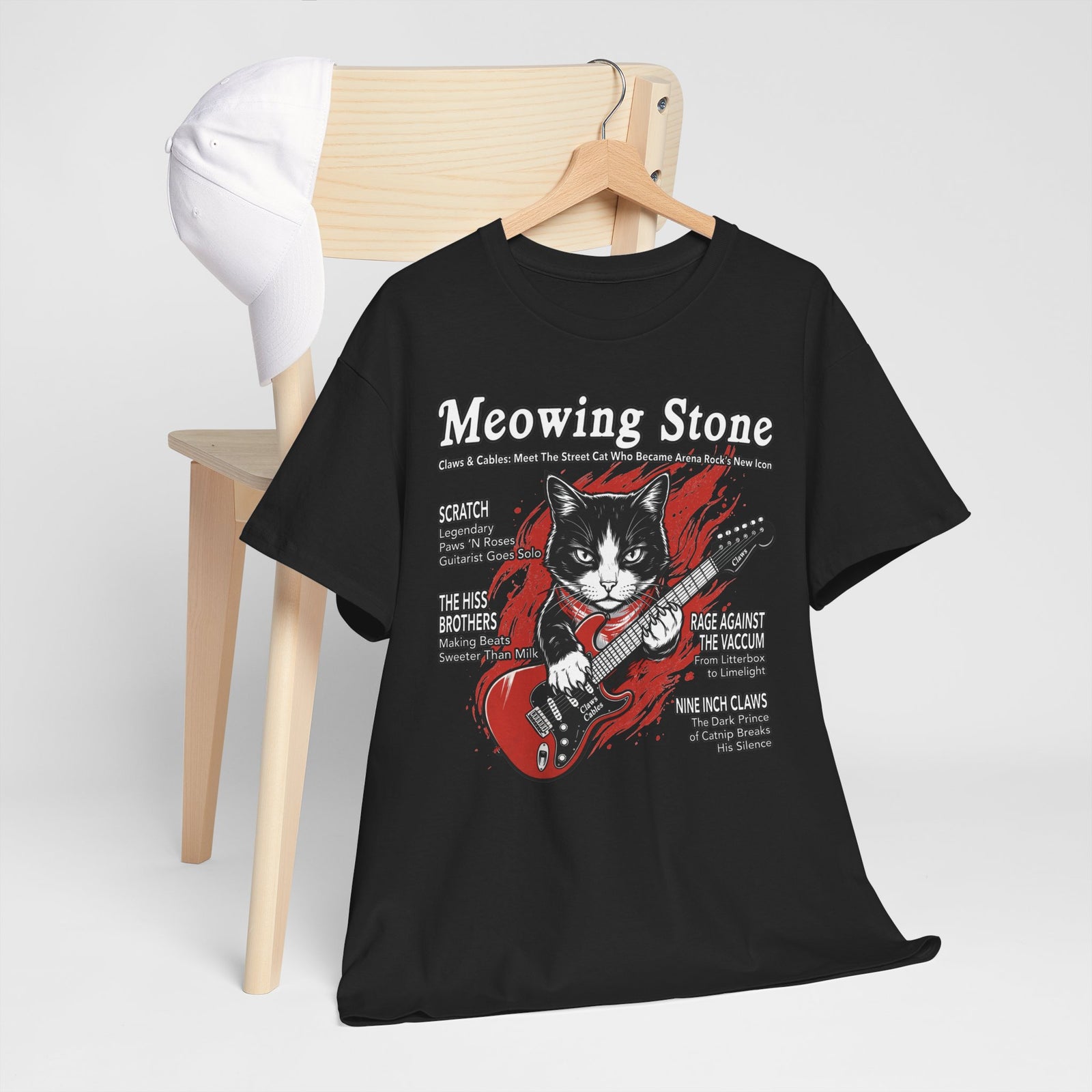 Meowing Stone Guitar Cat T-Shirt — Rock Band Cat Graphic Tee