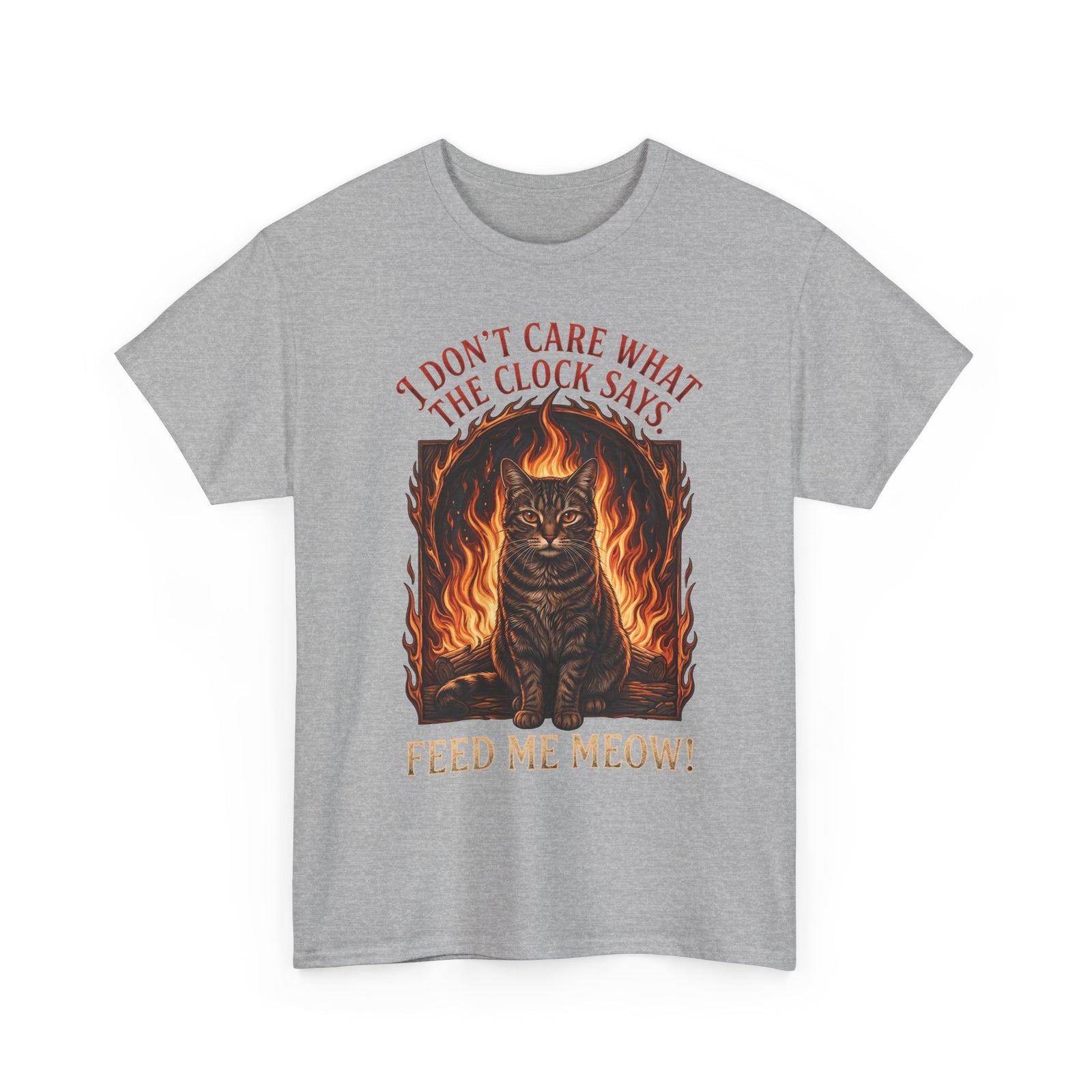 Feed Me Meow T-Shirt — Funny Hungry Tabby Cat Fiery Graphic Tee