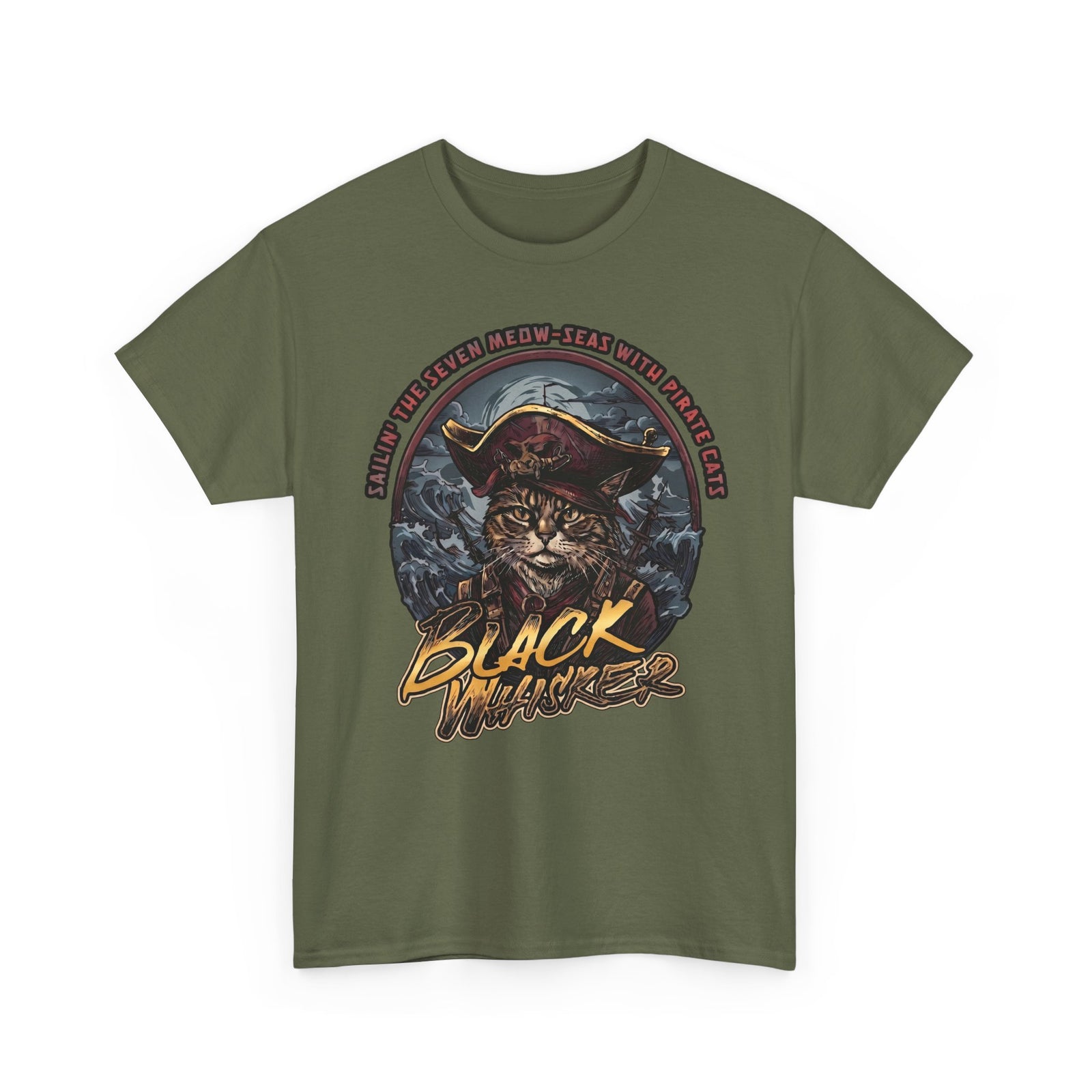 Black Whisker Pirate Cat T-Shirt — Funny Nautical Seven Meow-Seas Tee