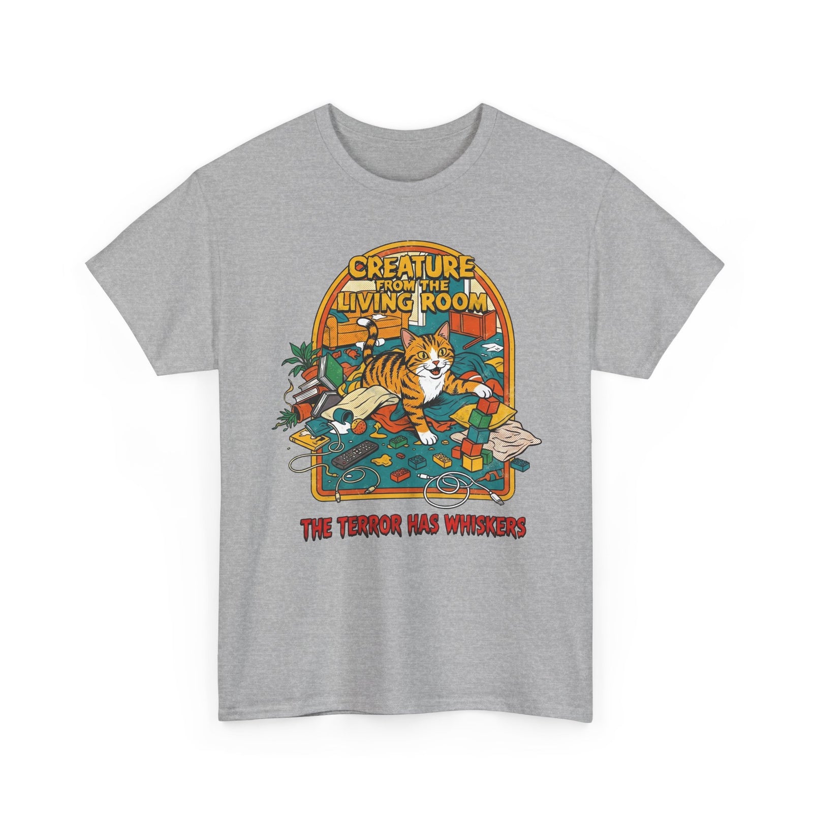 Cozy Living Room Cat Tee — Retro Sunlit Illustration Graphic Shirt