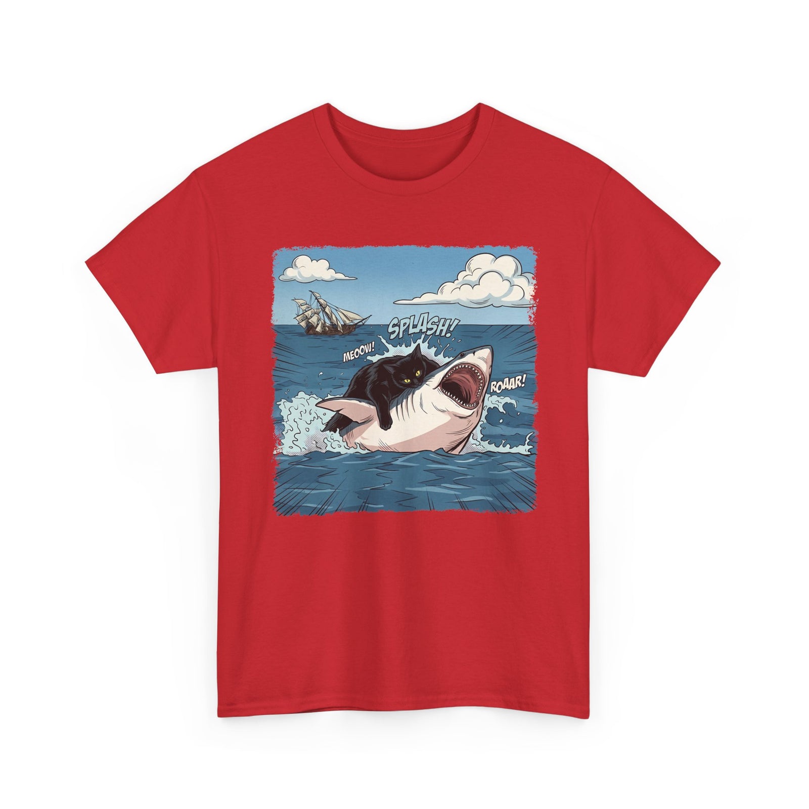 Black Cat Vs White Shark T-Shirt — Funny Comic Book Ocean Battle Tee