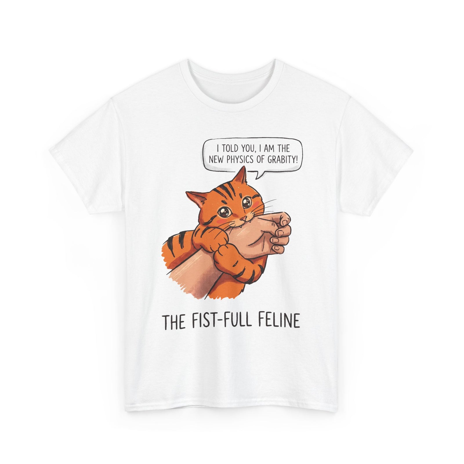 The New Physics Of Grabity T-Shirt — Funny Orange Cat Biting Hand Tee