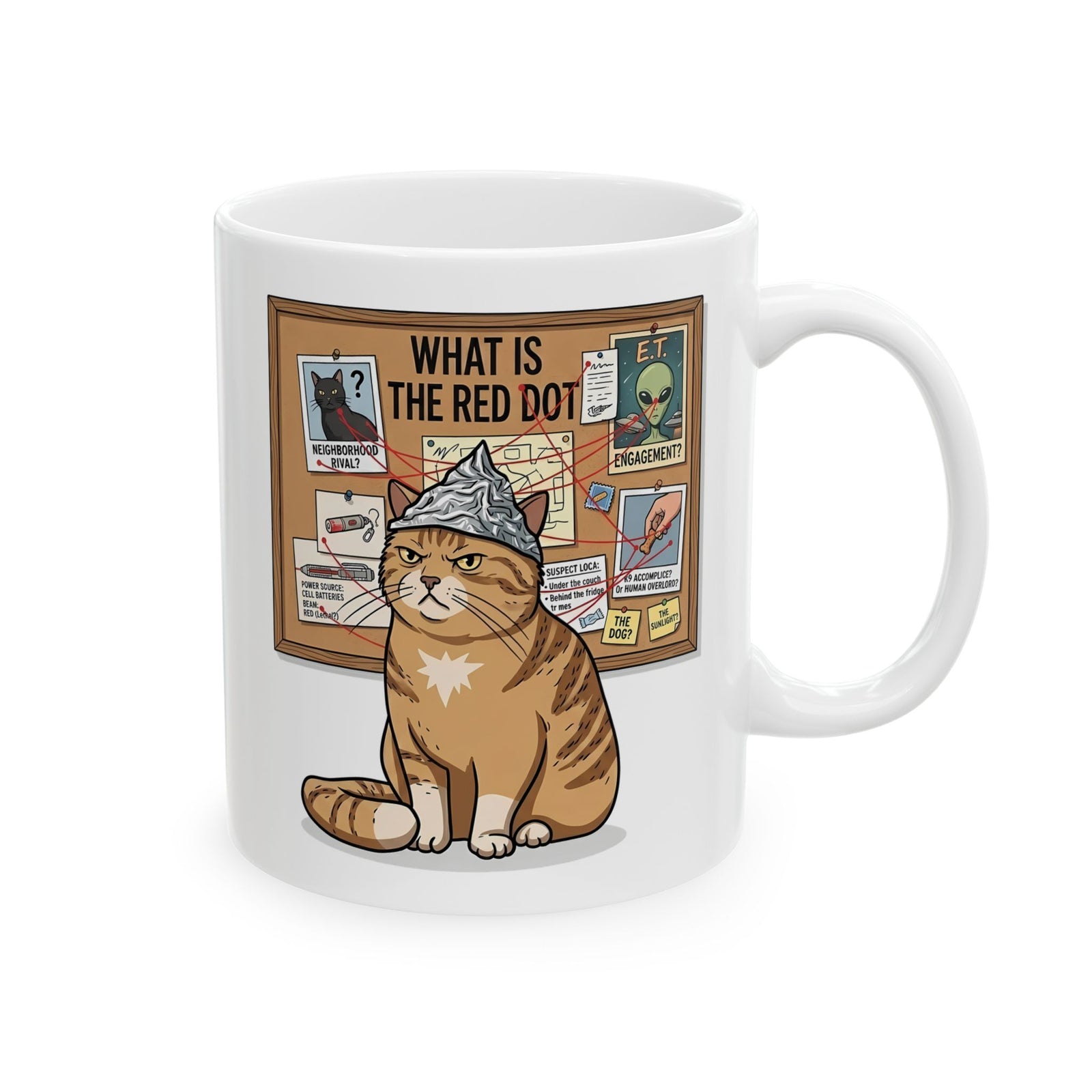 Funny Cat Conspiracy Mug "What Is The Red Dot?" Laser Pointer Humor