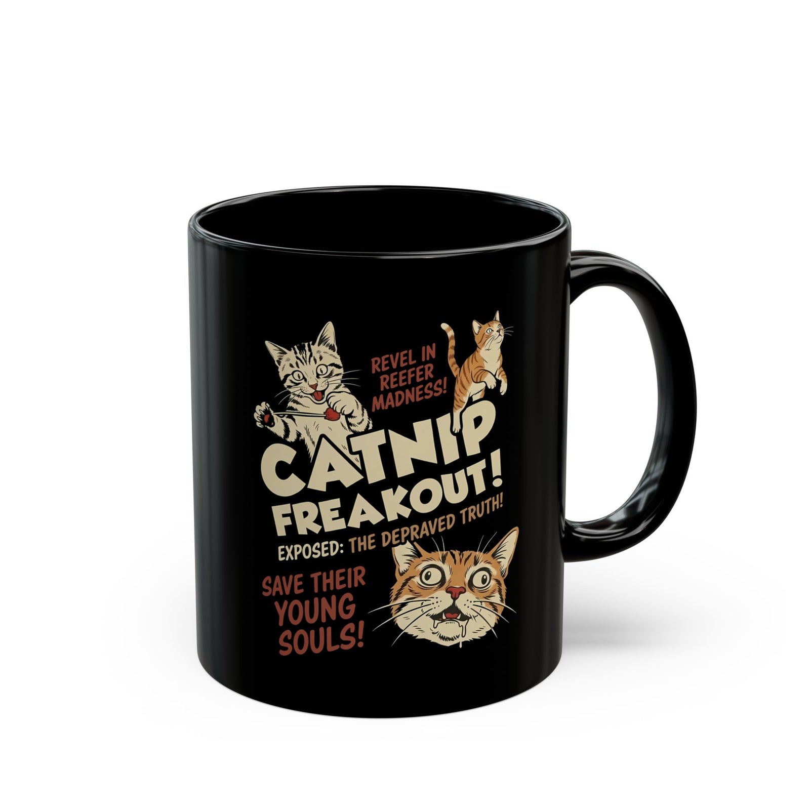 Catnip Freakout Black Mug — Funny Cat Lover Mug
