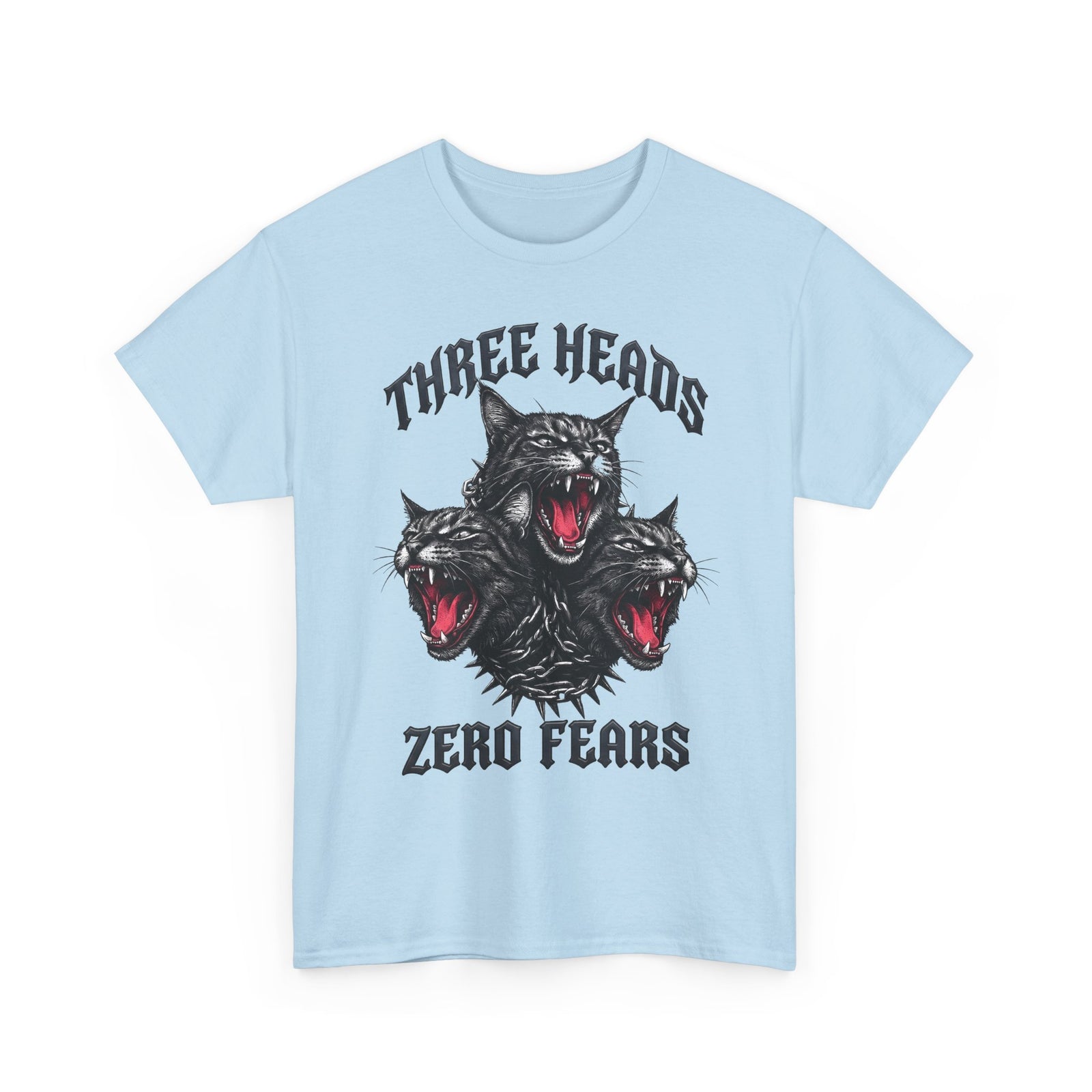 Three Heads Zero Fears Cerberus Cat Shirt — Gothic Metal Feline T-Shirt