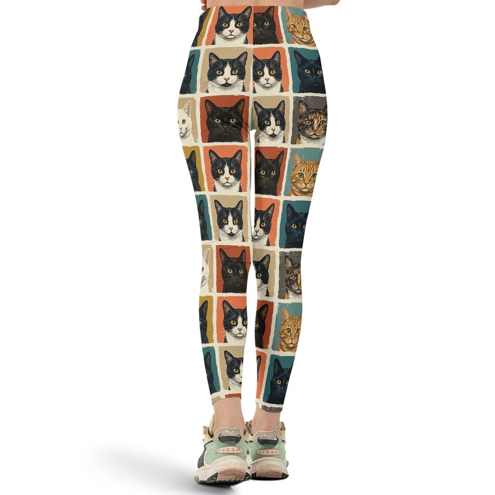 Retro Pop Art Cat Portrait Grid Full Print Legging - - 3