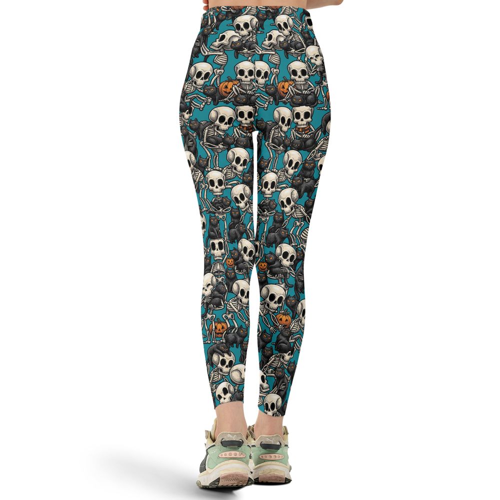 Black Cat Skeleton Halloween Full Print Legging - - 3