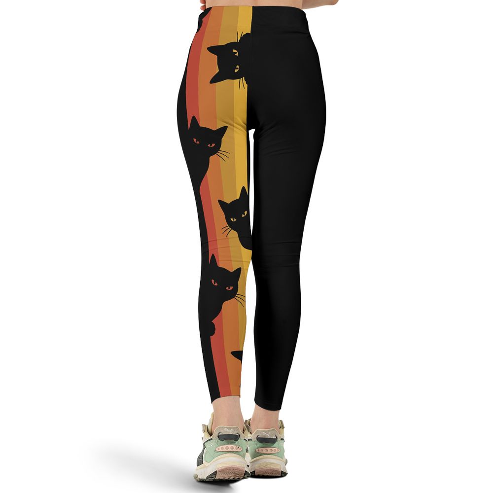 Retro Sunset Peeking Black Cat Full Print Legging - - 3