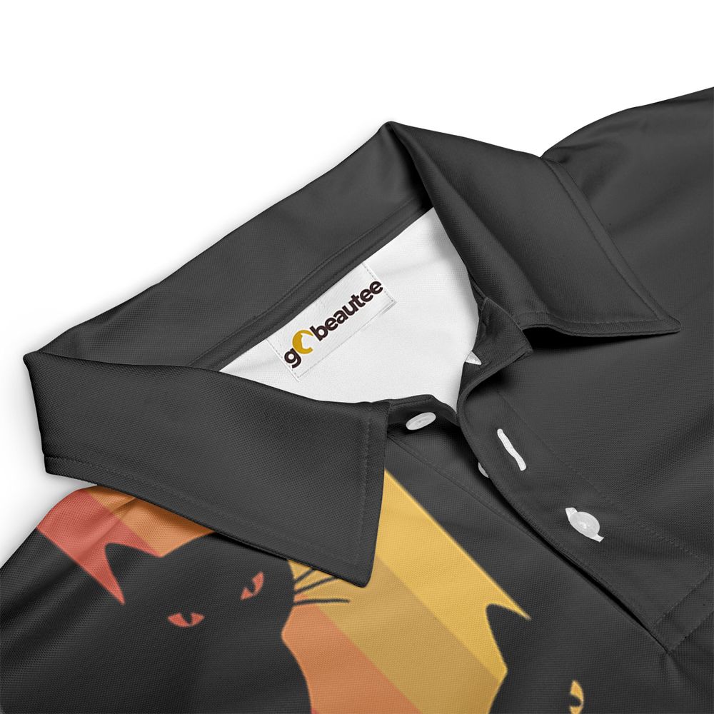 Retro Sunset Peeking Black Cat Full Print Polo Shirt - - 3