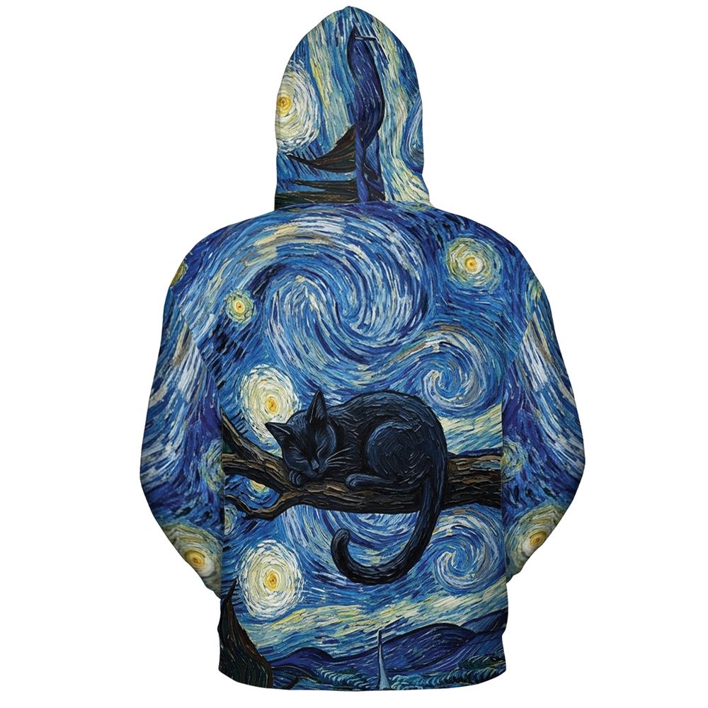 Starry Night and Black Cat Full Print Hoodie - - 3