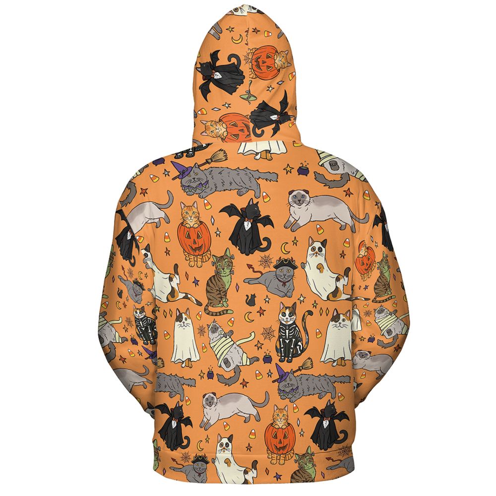 Spooky Orange Halloween Costume Cats Pattern Full Print Hoodie - - 3