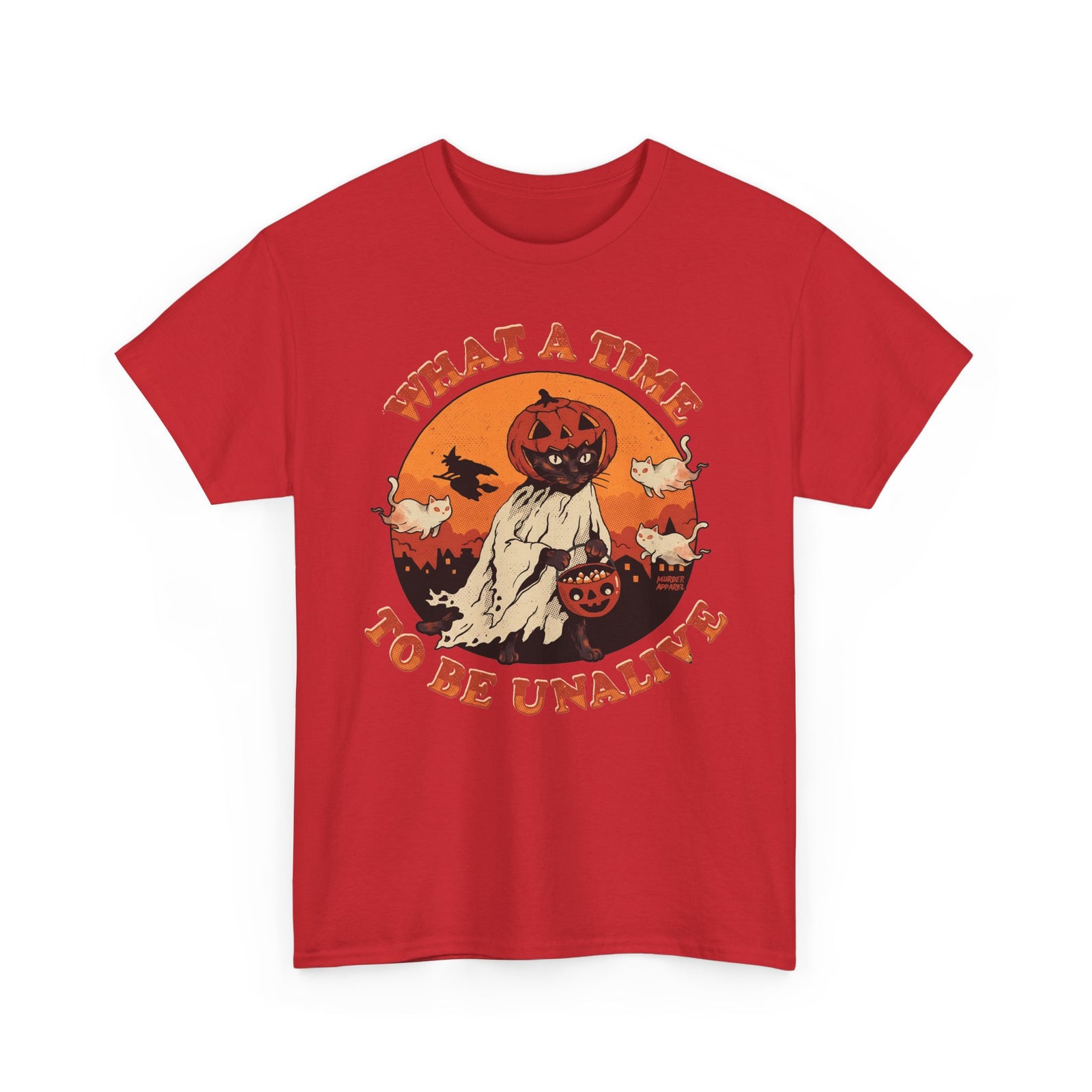 What A Time To Be Unalive Black Cat Ghost Sheet Shirt — Retro Halloween T-Shirt