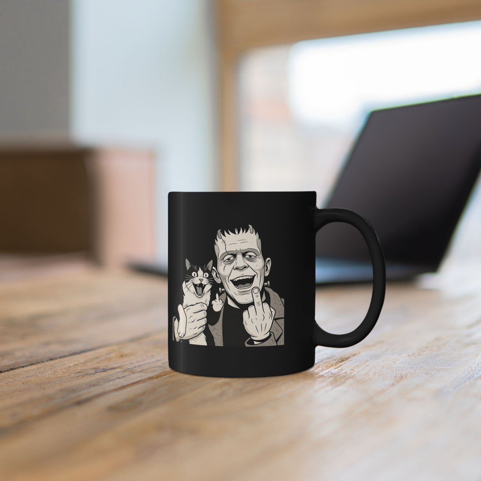 Frankenstein Cat T‑Mug — Cute Spooky Cat & Frankenstein Design