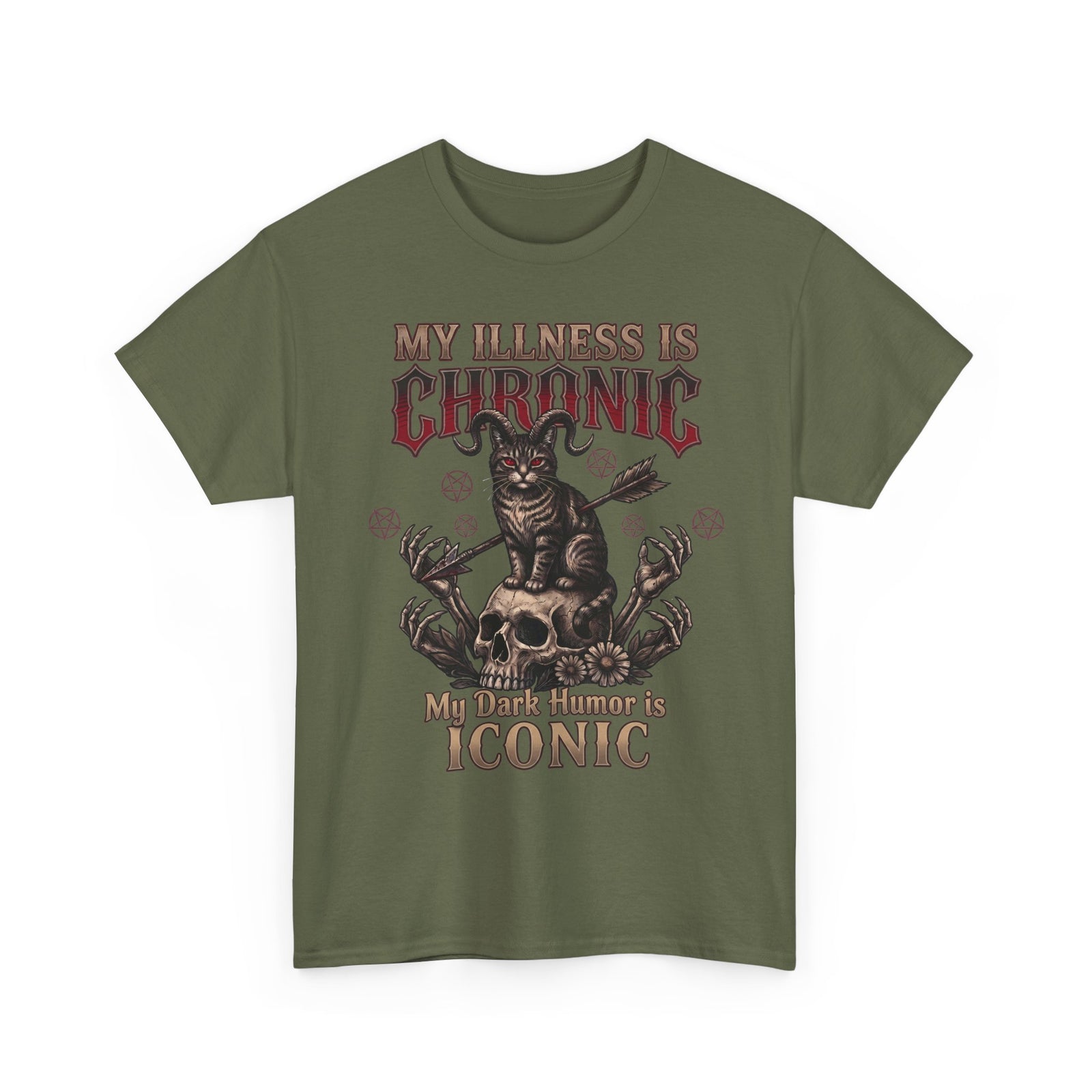 My Illness Is Chronic My Dark Humor Is Iconic T-Shirt — Gothic Horned Cat Tee