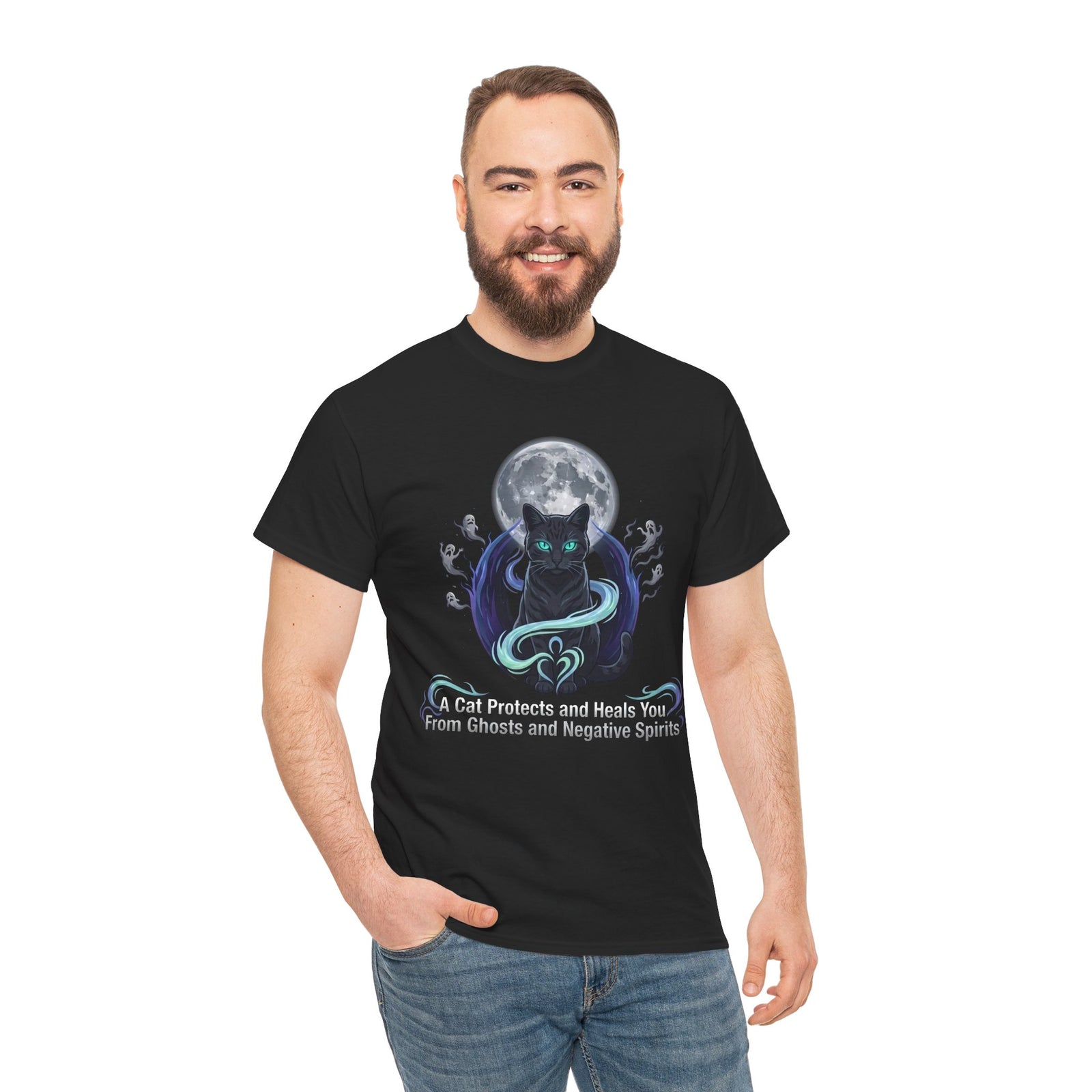 Protective Cat Tee — "A Cat Protects and Heals You From Ghosts and Negative Spirits"