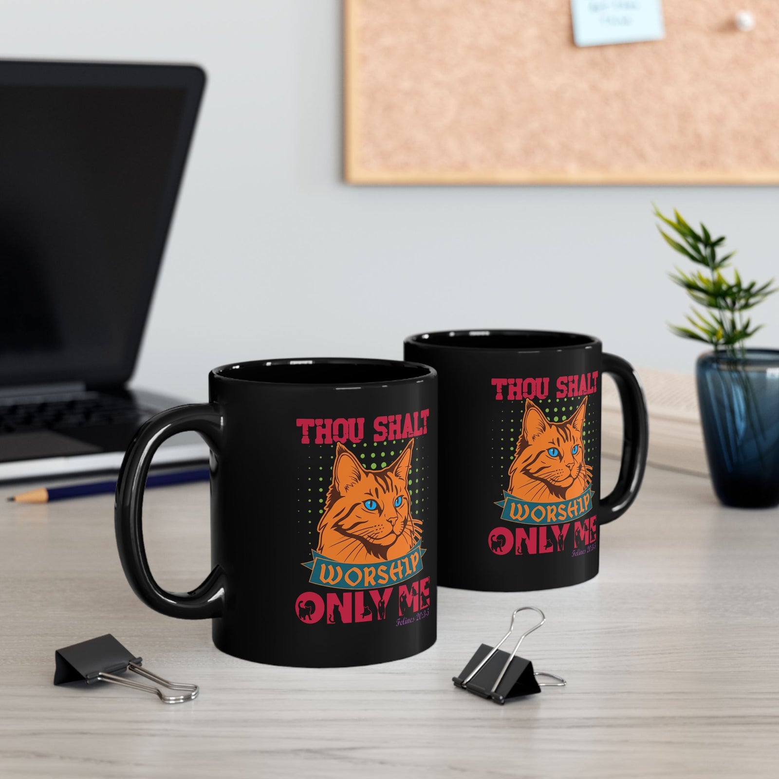 Cat Worship Black Mug — "Thou Shalt Worship Only Me" Retro Orange Cat Mug