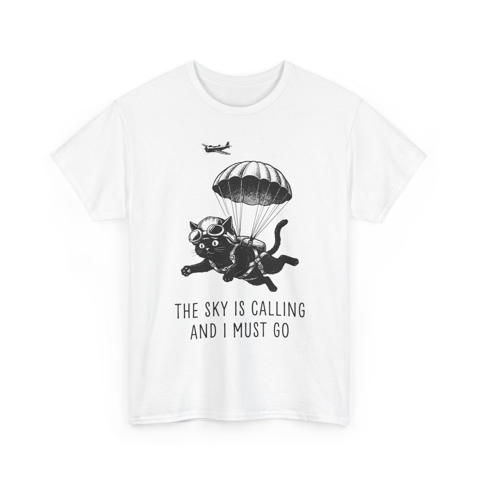 The Sky Is Calling And I Must Go T-Shirt — Funny Parachuting Black Cat Tee
