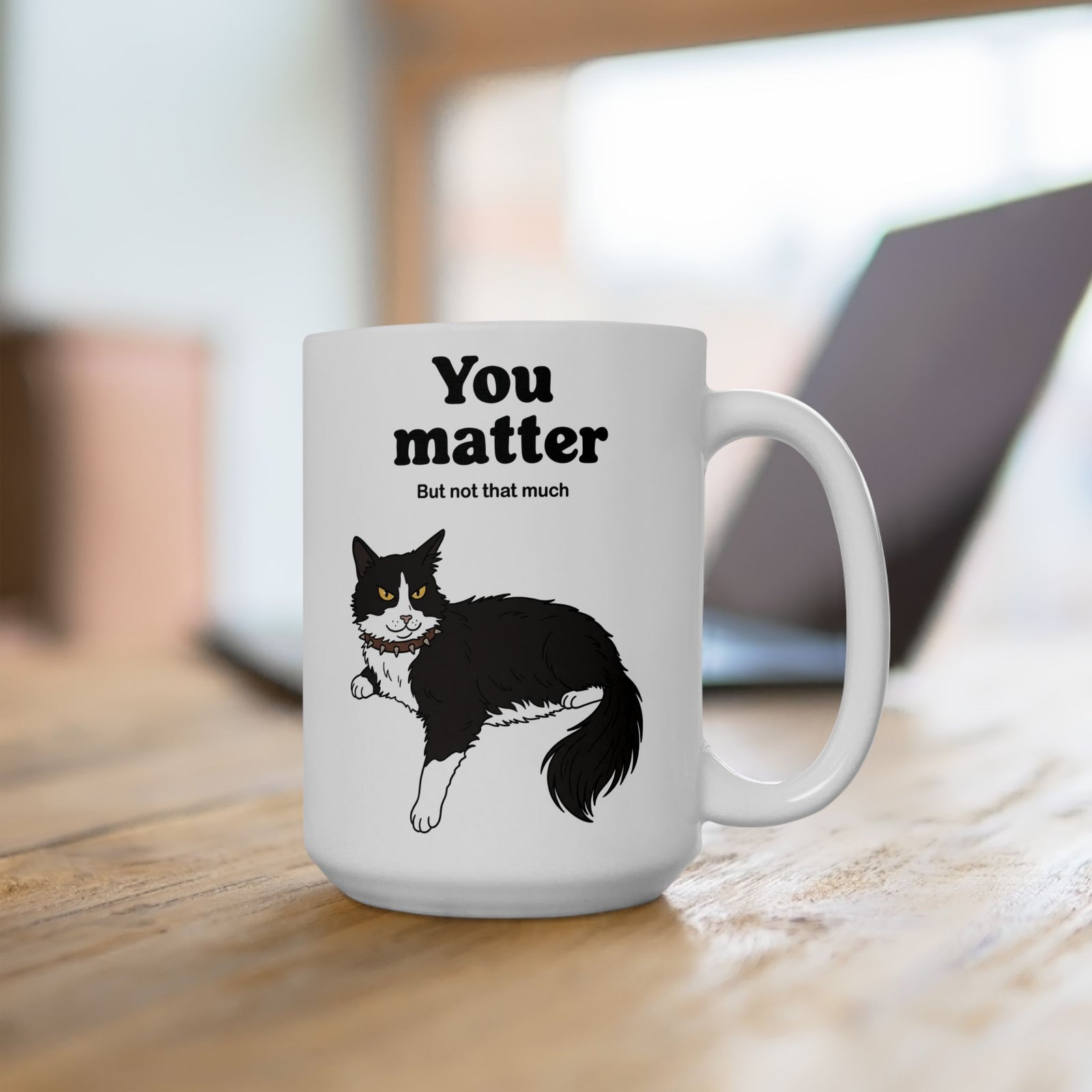 You Matter But Not That Much Ceramic Mug — Funny Sarcastic Tuxedo Cat Graphic Mug
