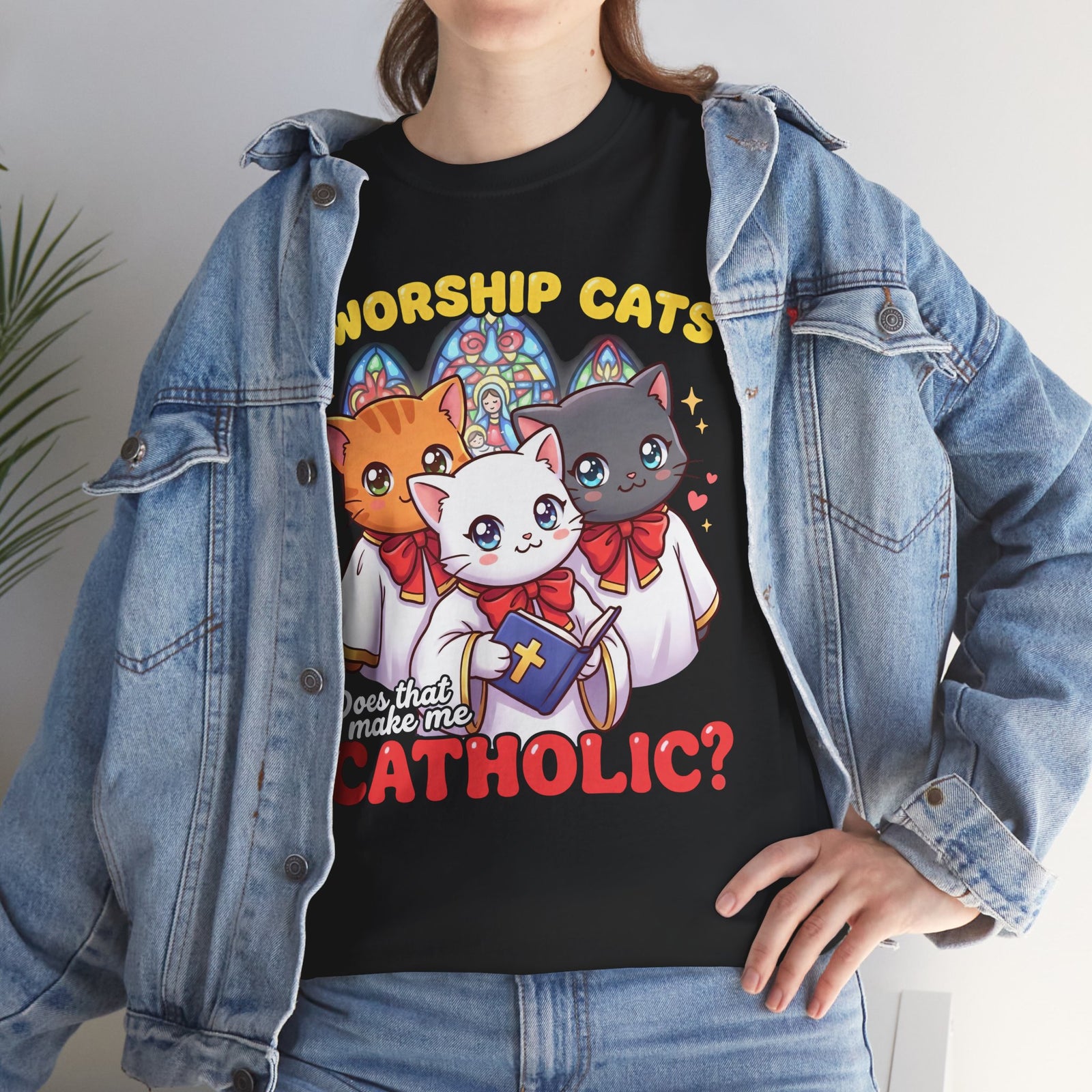 Worship Cats Tee — "Does that make me Catholic" Funny Cat Shirt
