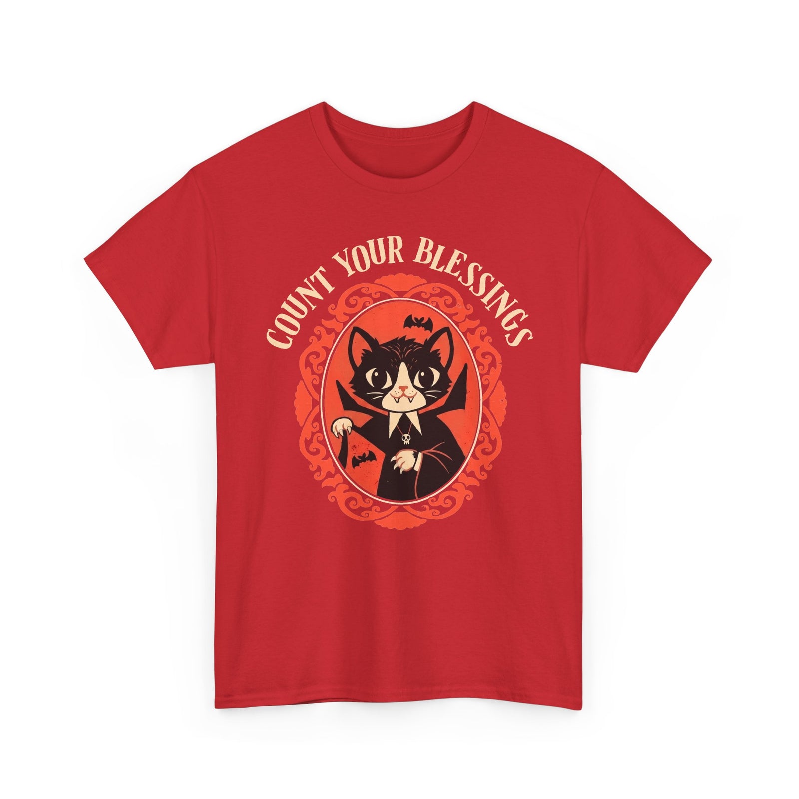 Count Your Blessings Vampire Cat — Funny Dracula Halloween Graphic Art