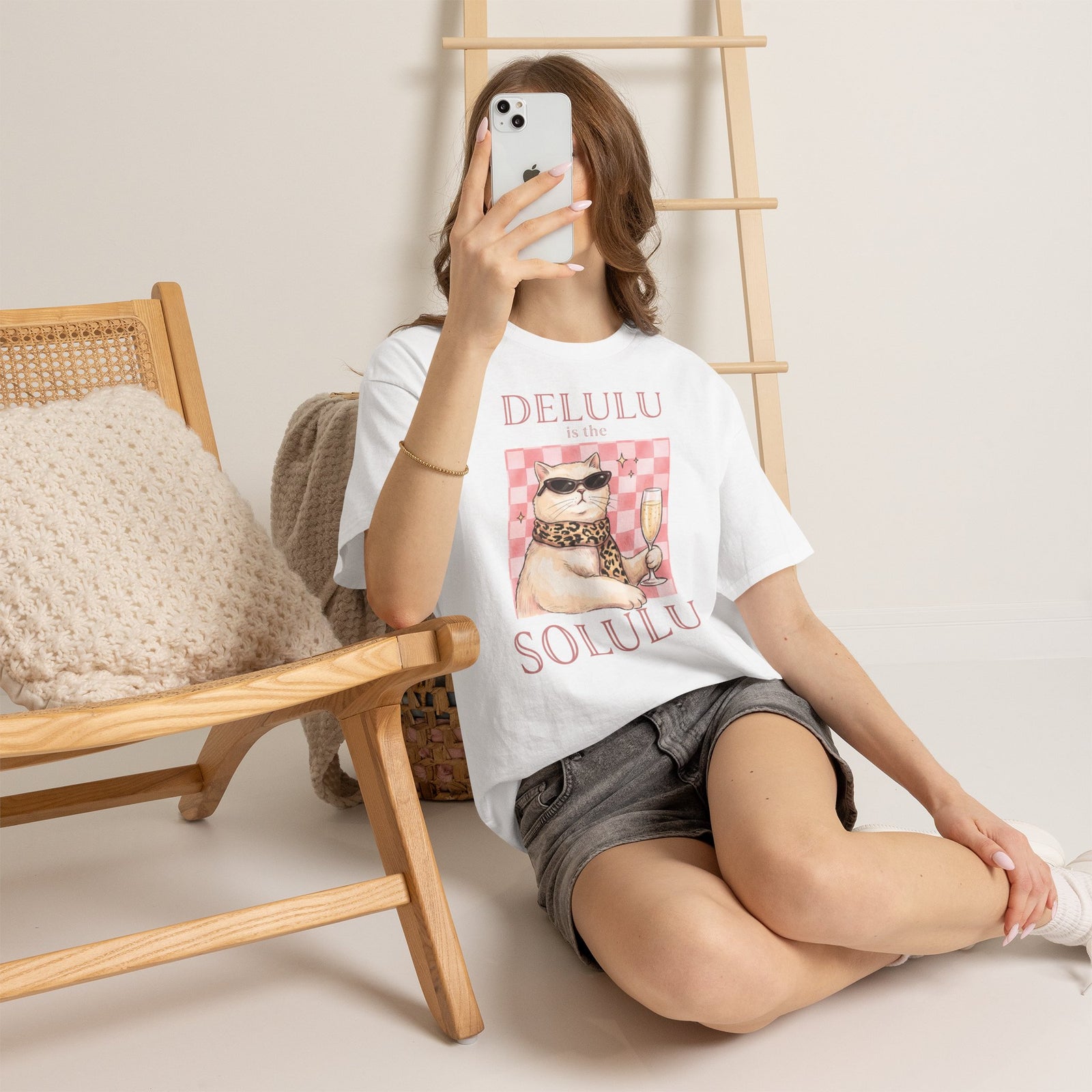 Delulu Is The Solulu T-Shirt — Funny Sassy Cat Champagne Graphic Tee