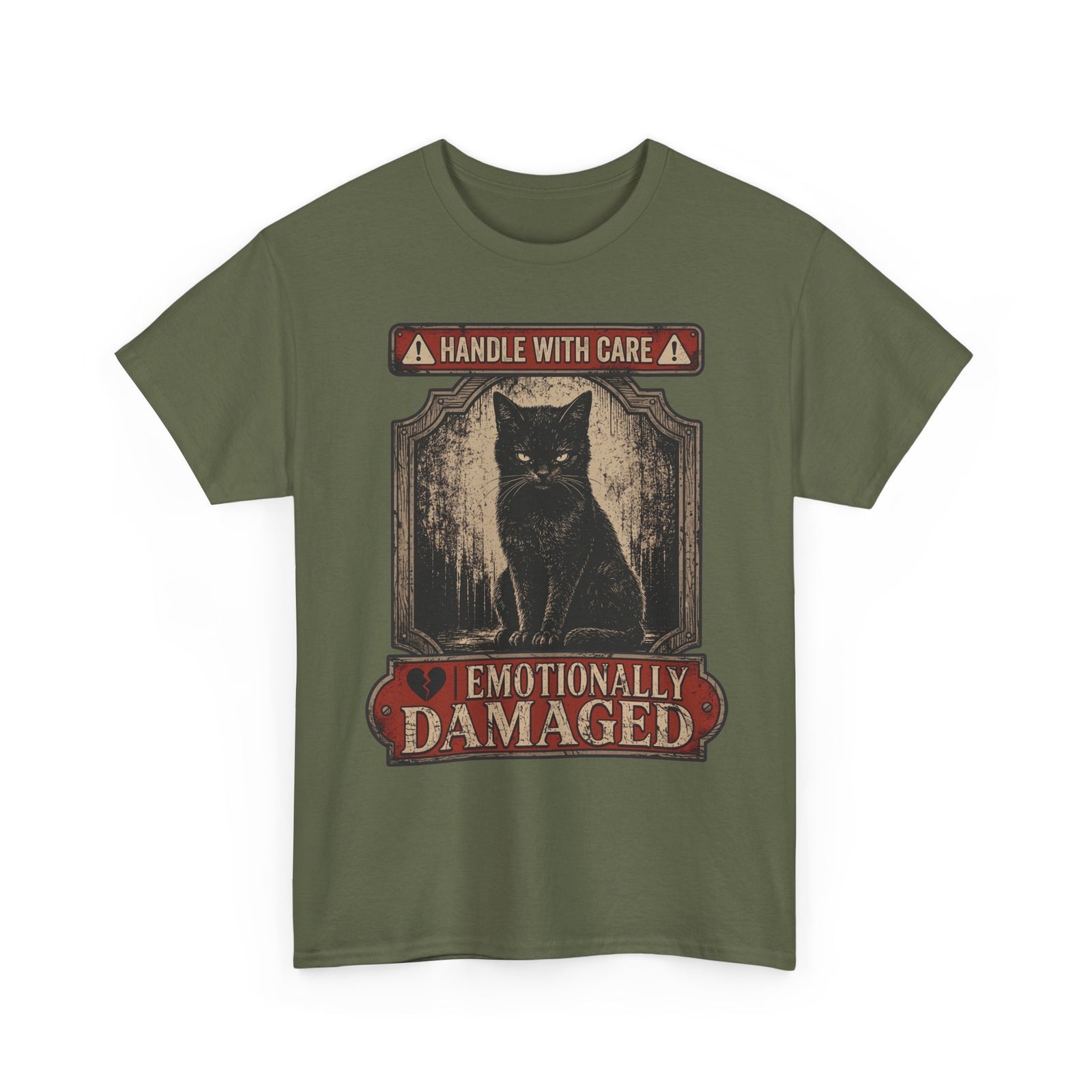 Emotionally Damaged Cat T-Shirt – "Handle With Care" Vintage Black Tee