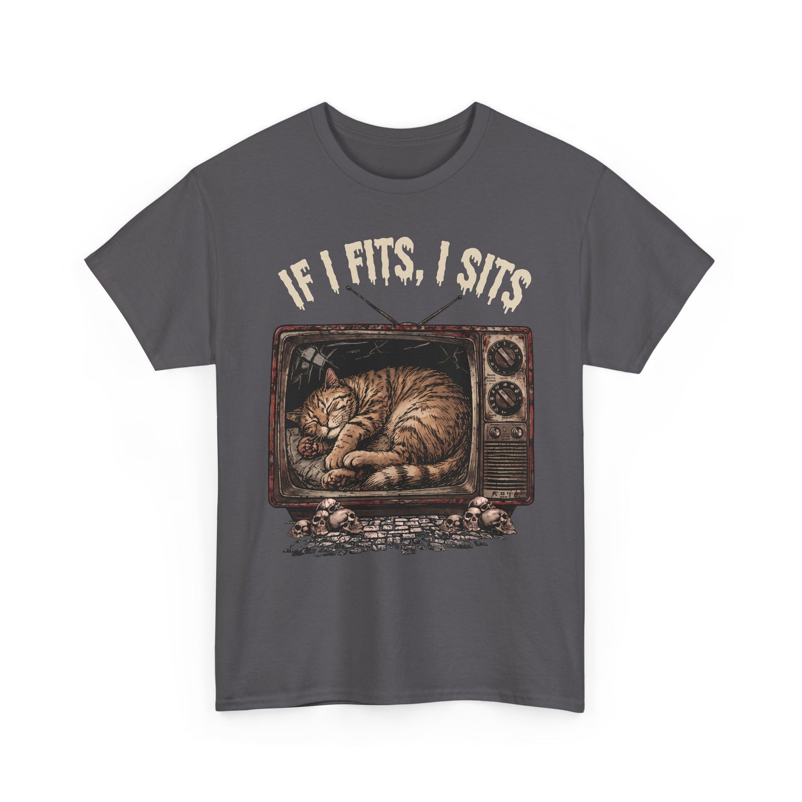 If I Fits I Sits Vintage TV Tabby Cat Shirt — Macabre Horror Meme T-Shirt