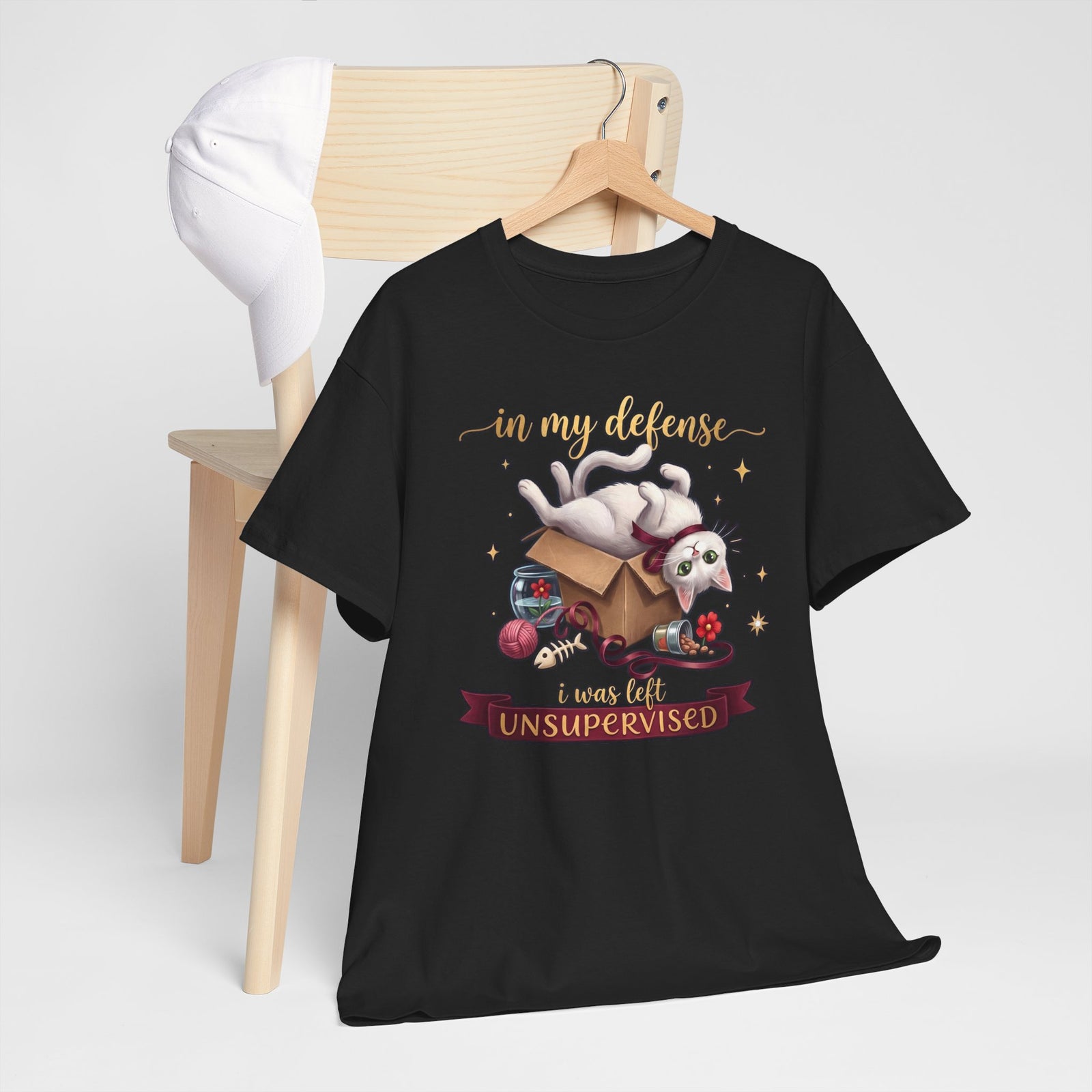 In My Defense I Was Left Unsupervised T-Shirt — Funny Cute White Cat Tee