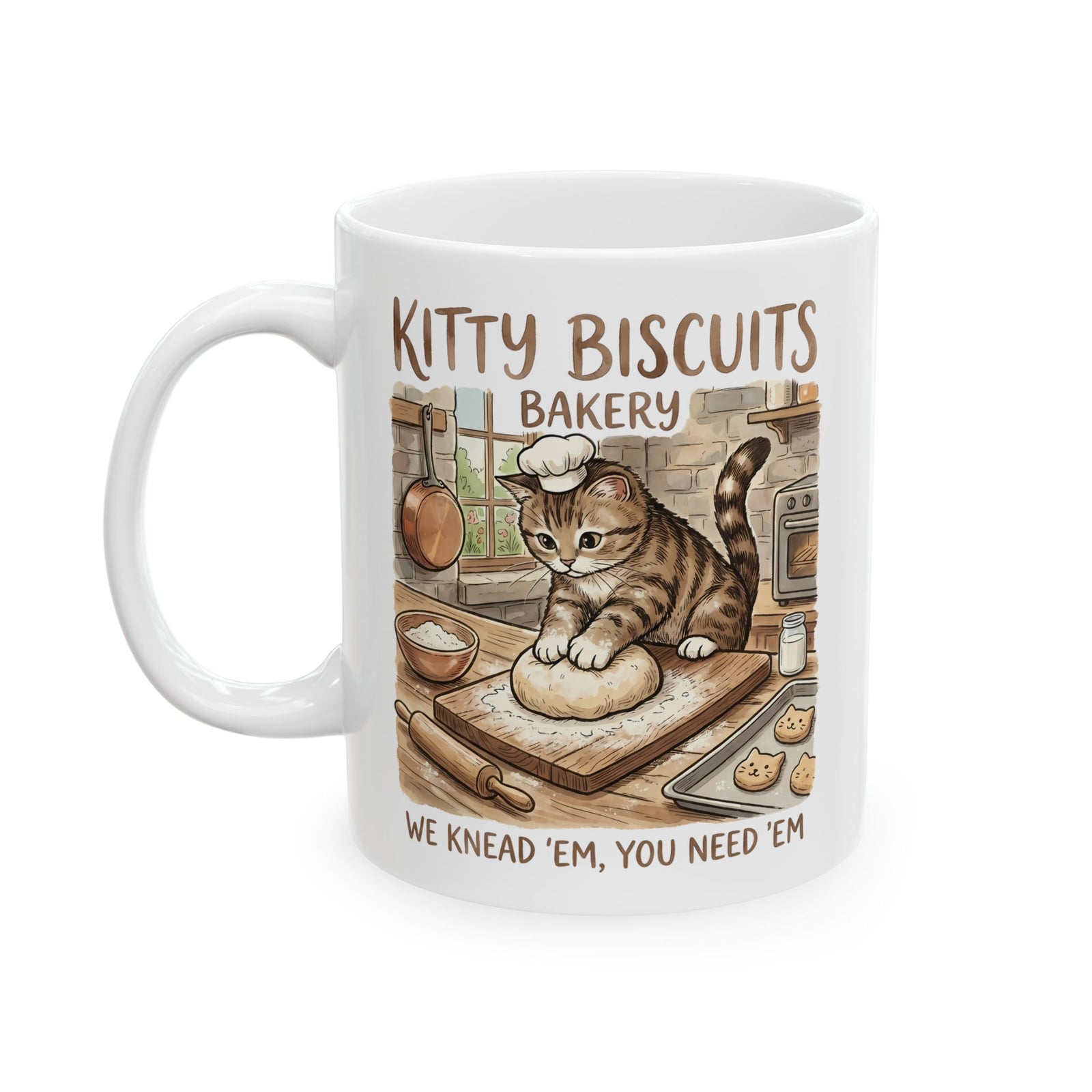 Kitty Biscuits Bakery Ceramic Mug — "We Knead 'Em We Need 'Em" Cat Bakery Mug