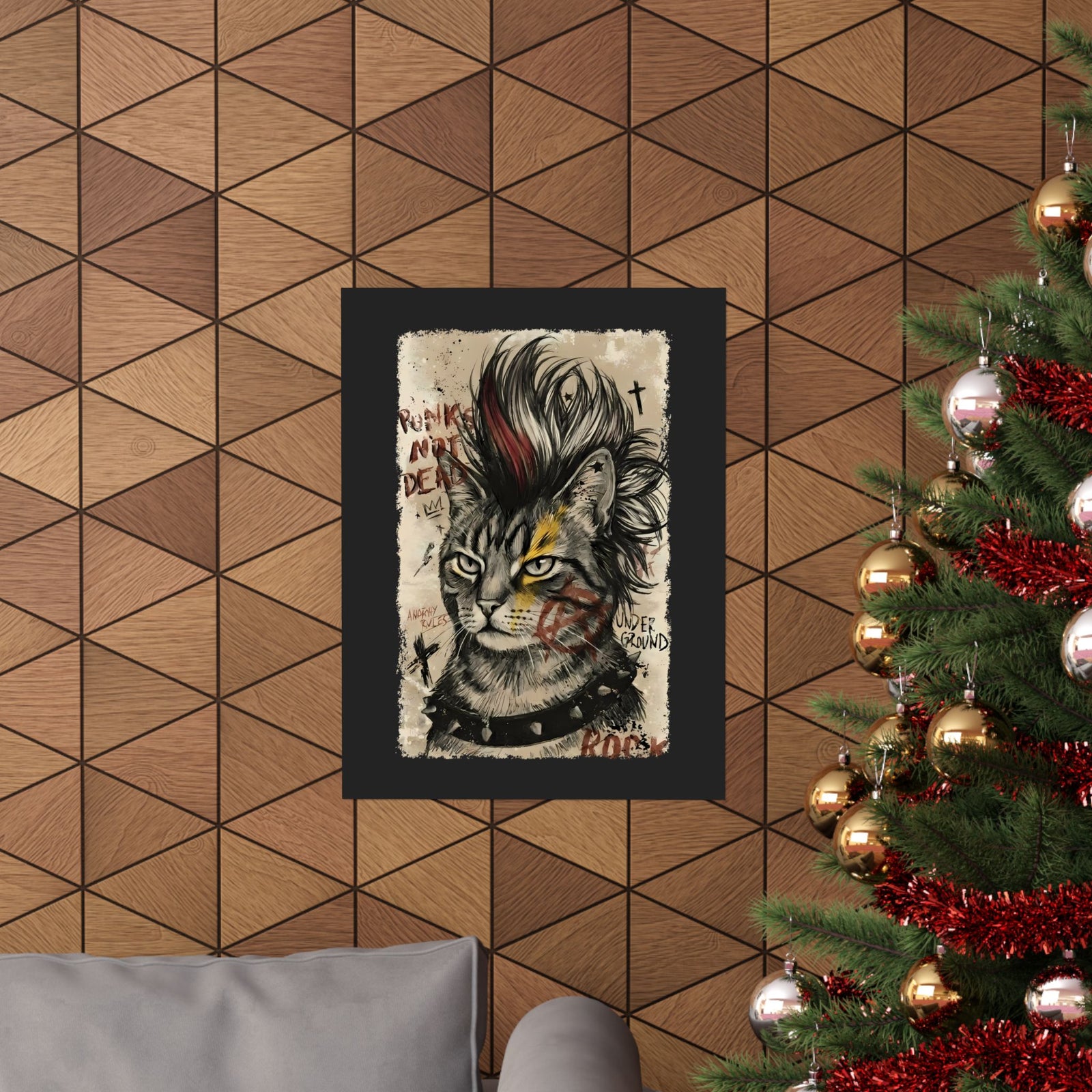 Punks Not Dead Cat Poster — Edgy Mohawk Anarchy Feline Graphic