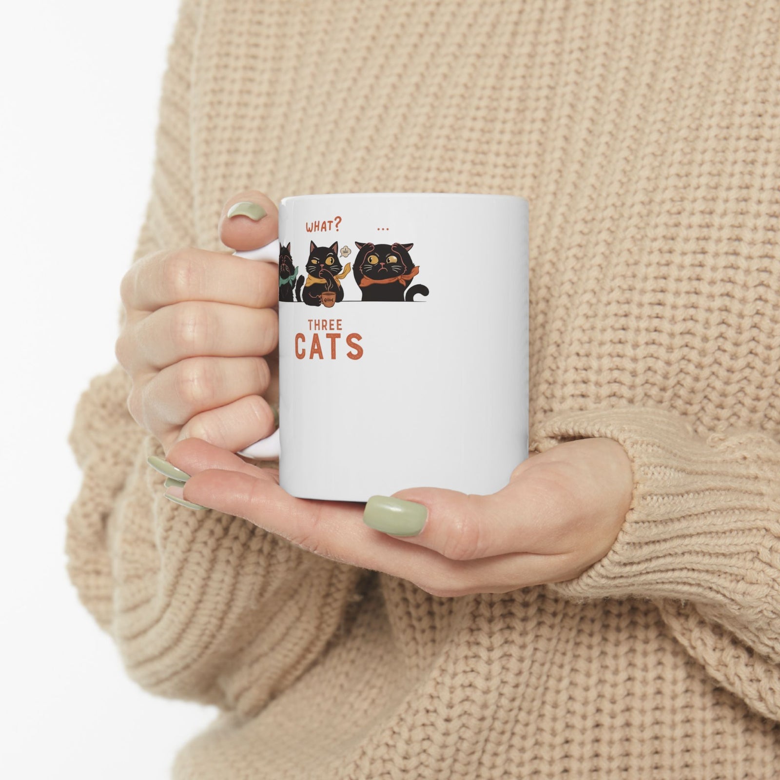 Three Wise Cats Ceramic Mug — Graphic Mug for Cat Lovers