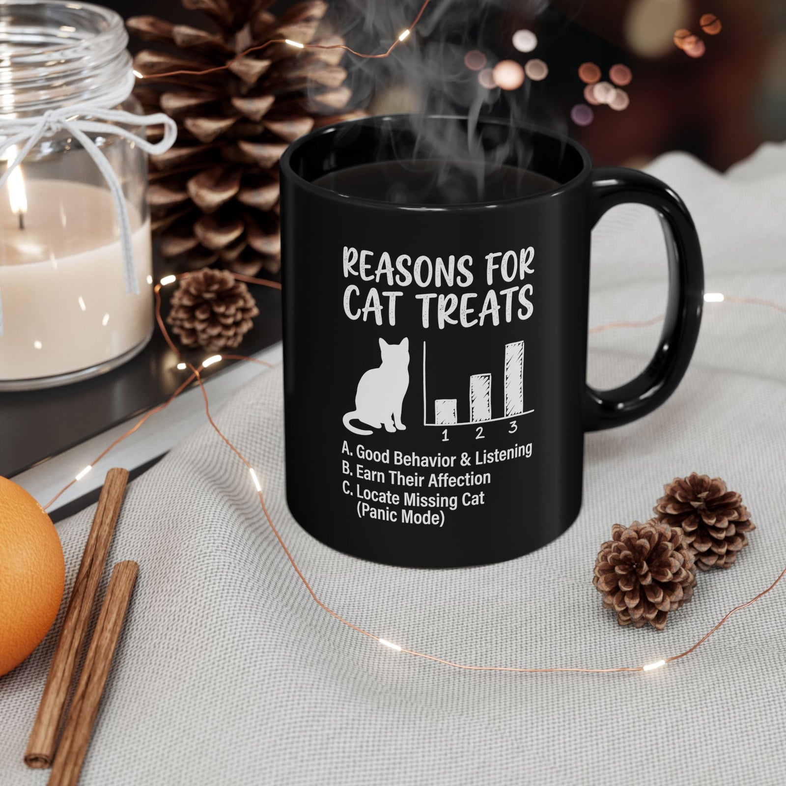 Reasons For Cat Treats Black Mug — Cute Cat Lover Mug