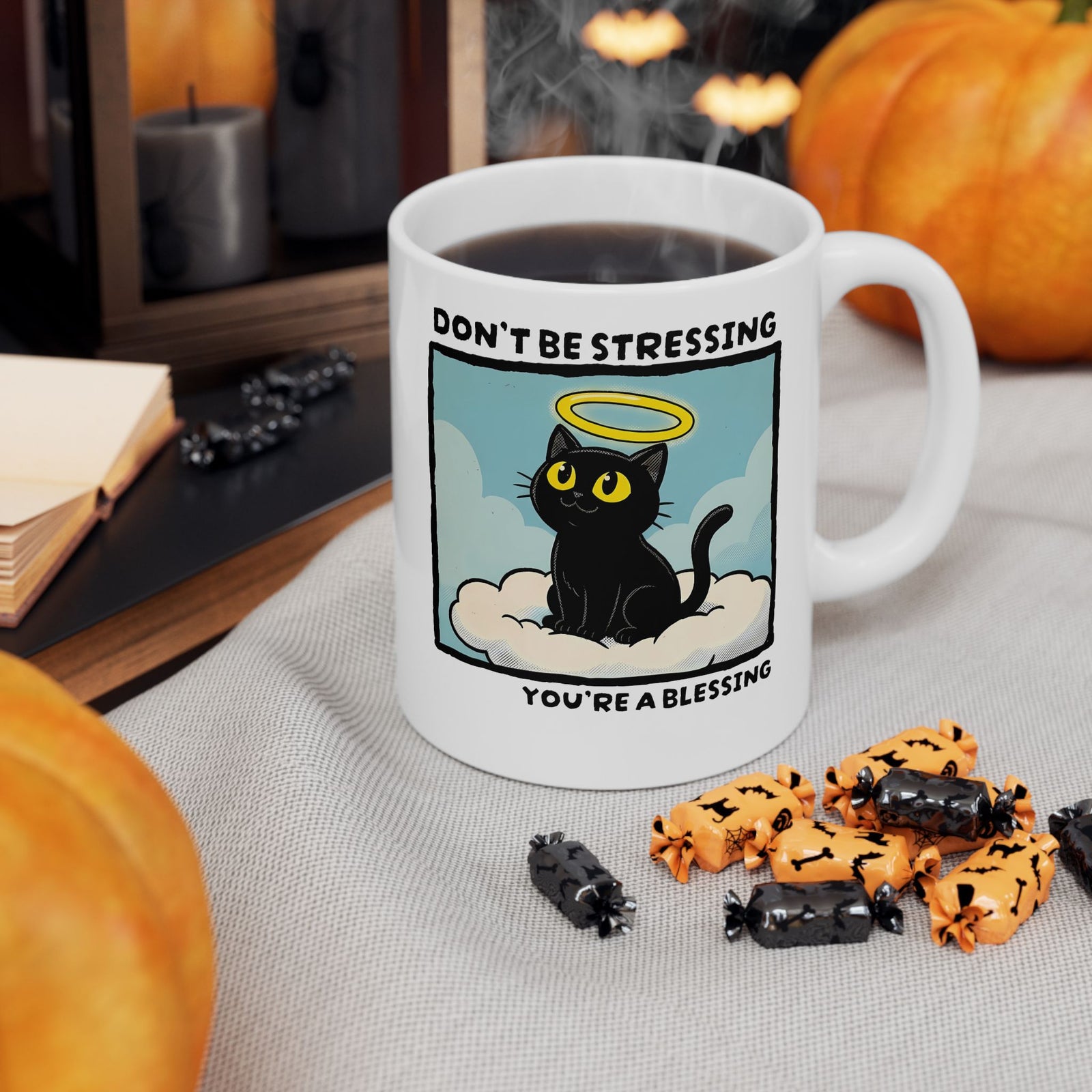 Funny Black Cat Angel Ceramic Mug “Don’t Be Stressing You’re a Blessing” Cute Cat Graphic Mug