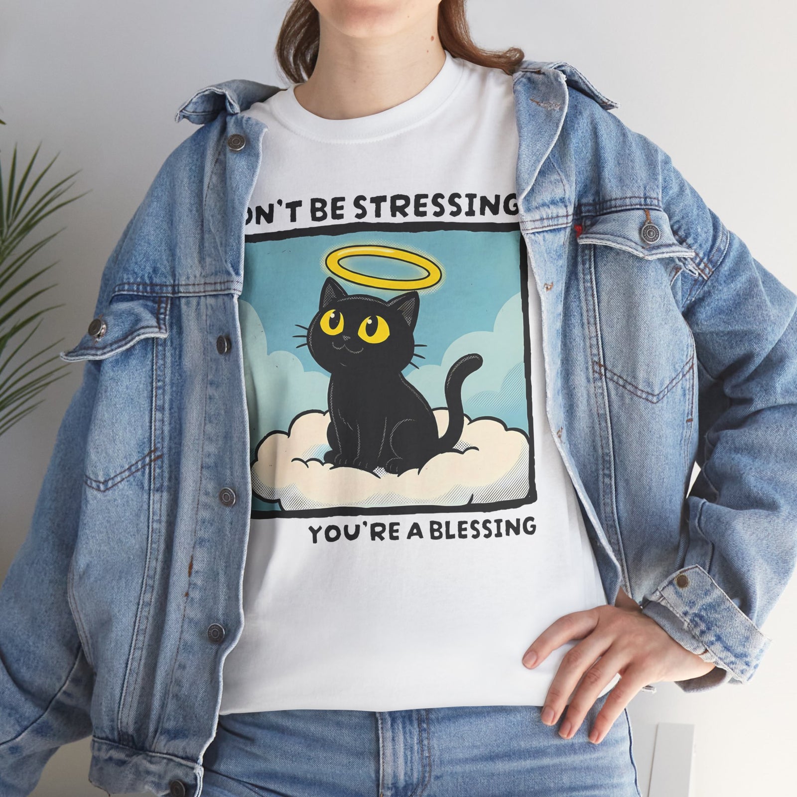 Funny Black Cat Angel T-Shirt “Don’t Be Stressing You’re a Blessing” Cute Cat Graphic Tee