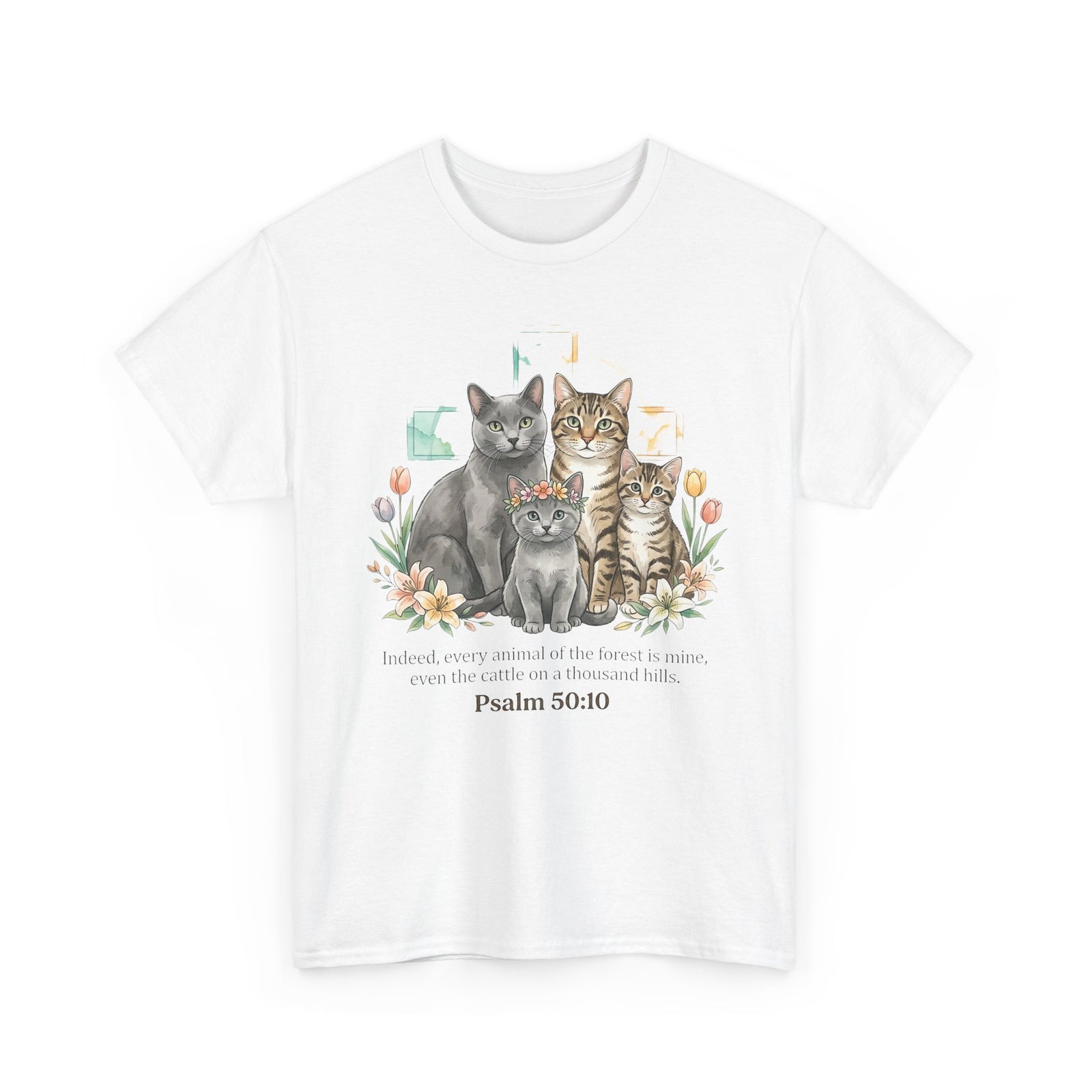 Cat Family Psalm 50:10 Floral T-Shirt — Christian Pet Lover Tee