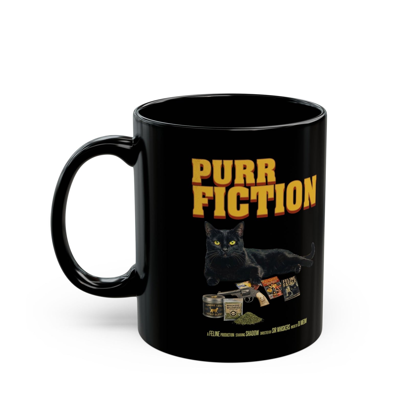 Purr Fiction Cat Parody Black Mug