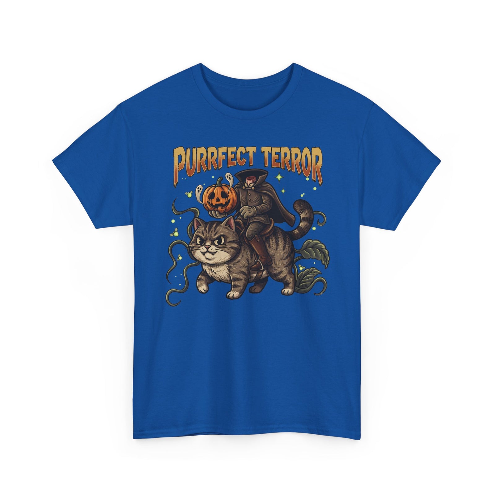 Purrfect Terror Headless Horseman Tabby Cat T-Shirt — Spooky Halloween Tee