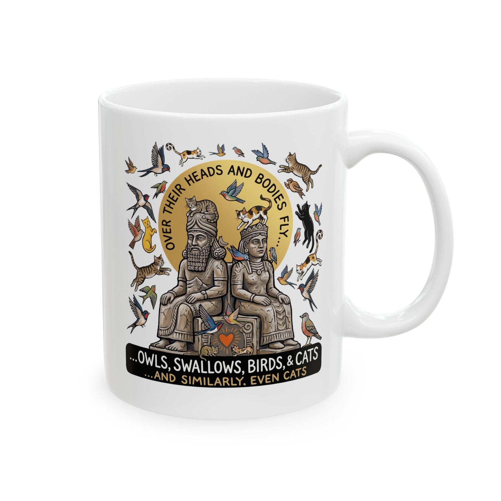 Birds & Cats Graphic Ceramic Mug — "Over Their Heads and Bodies Fly"