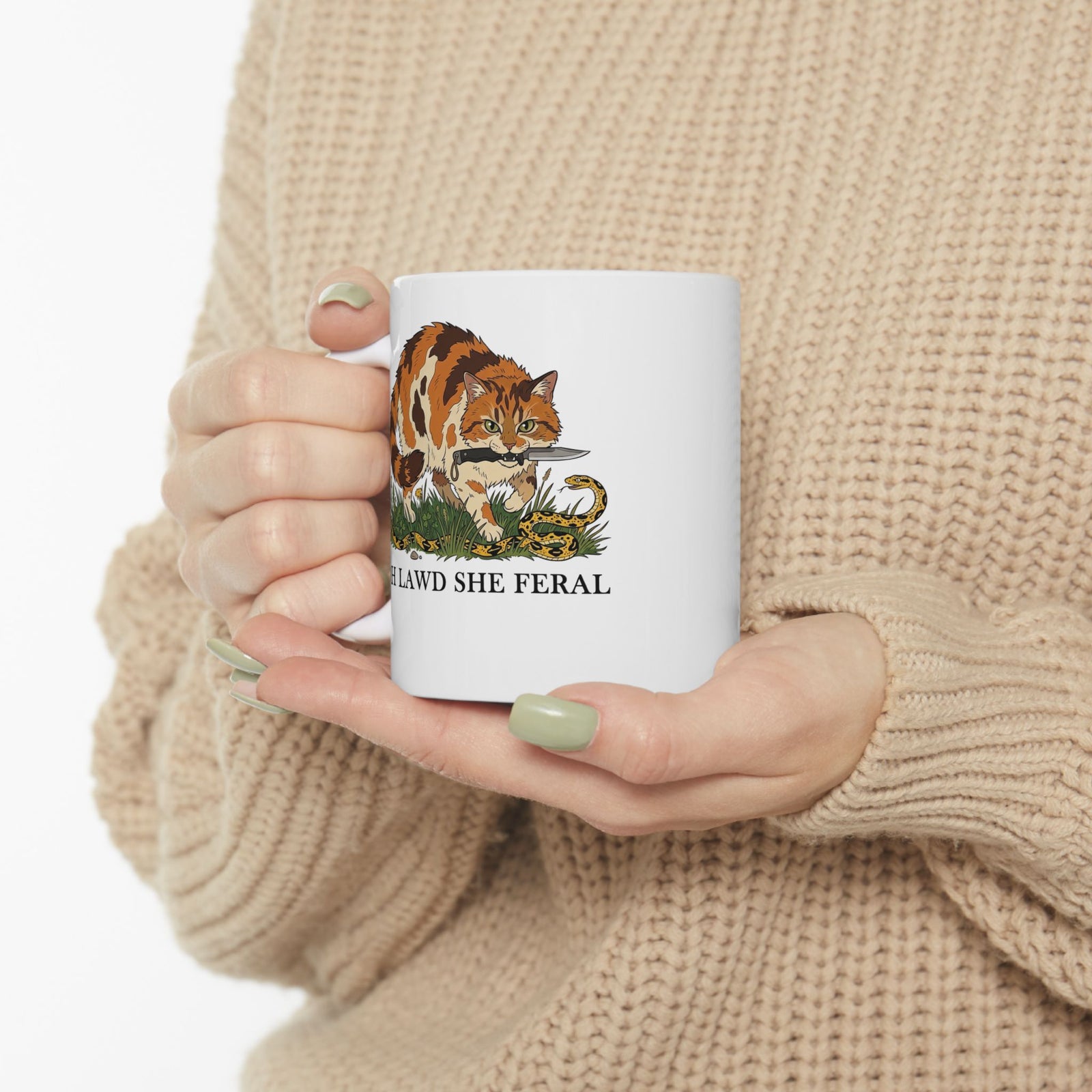 Feral Cats Mug — “Oh Lawd She Feral Cats!” Graphic Ceramic Mug