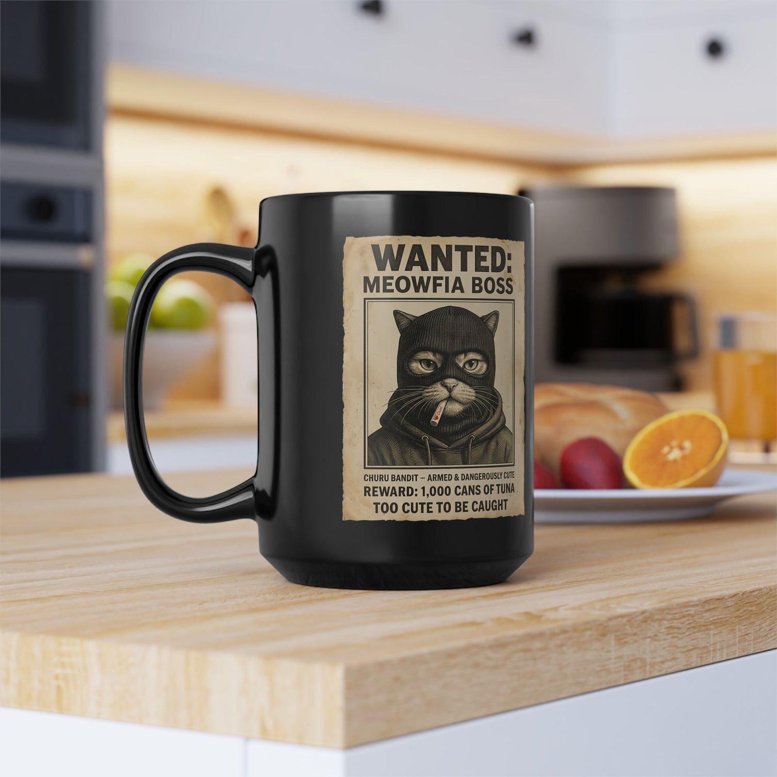 "Meowfia Boss" Wanted Poster Funny Cat Black Mug