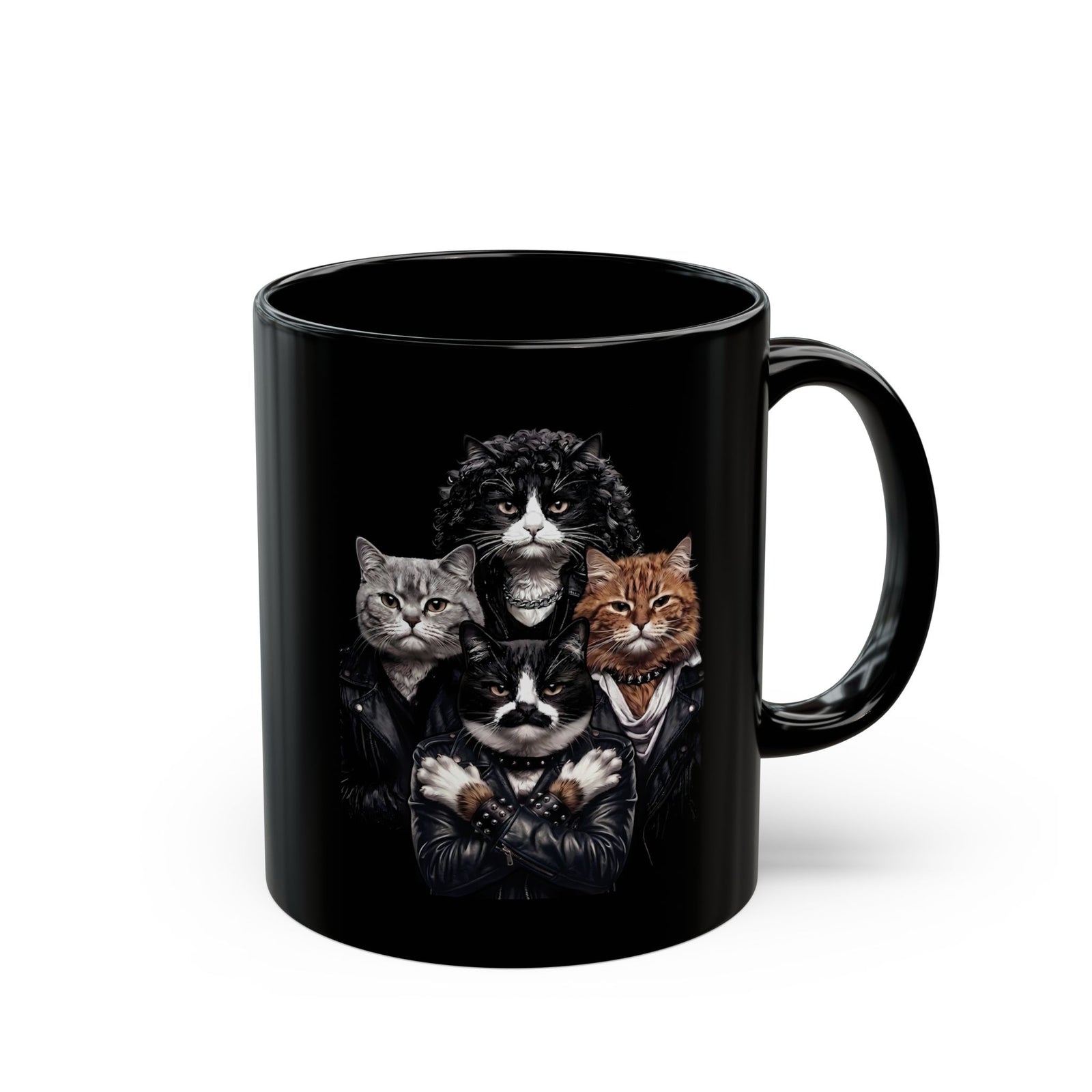 Bohemian Catsody Black Mug — Retro 80s Hard Rock Feline Band Parody
