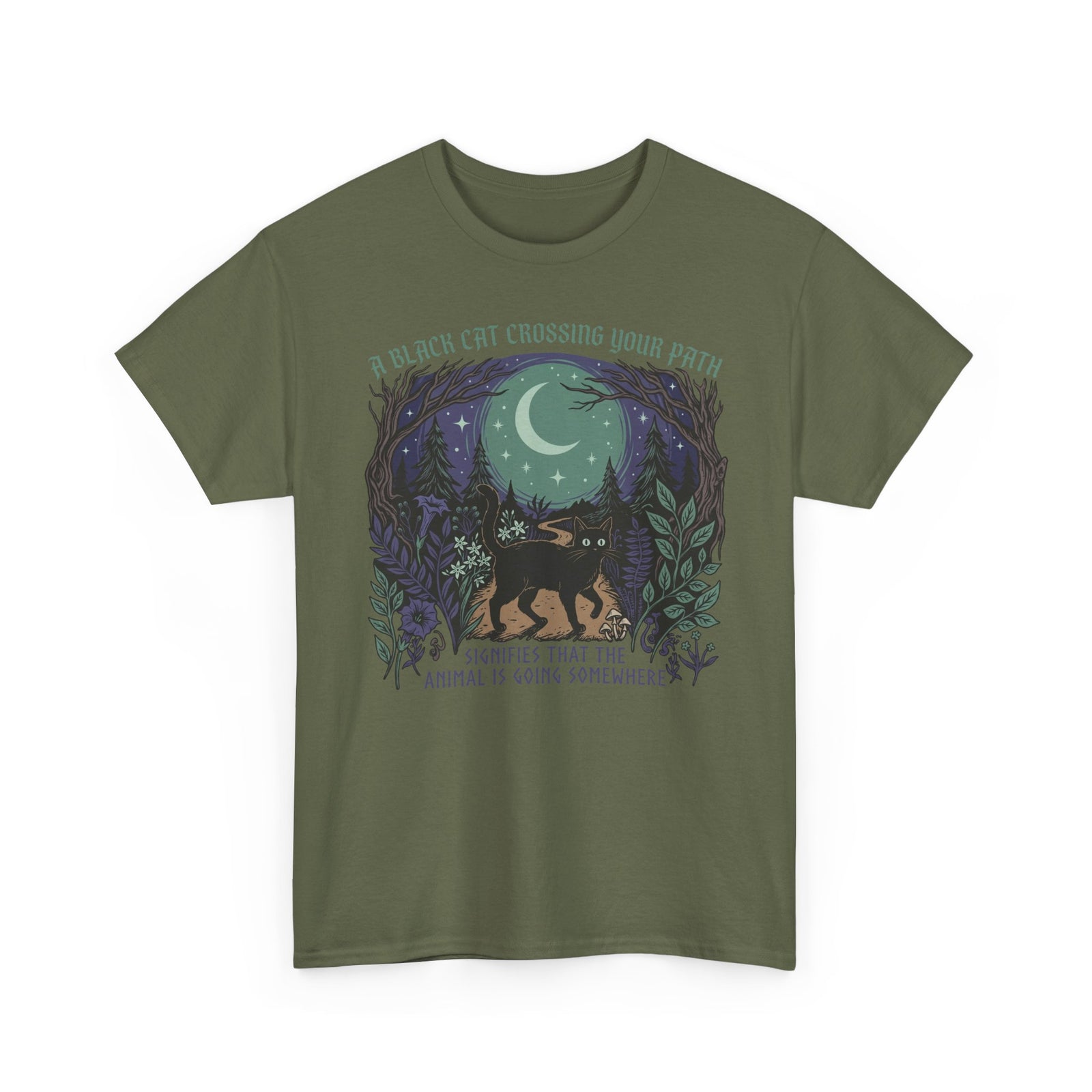 Black Cat Crossing Your Path Tee — Whimsical Moonlit Forest Cat Shirt